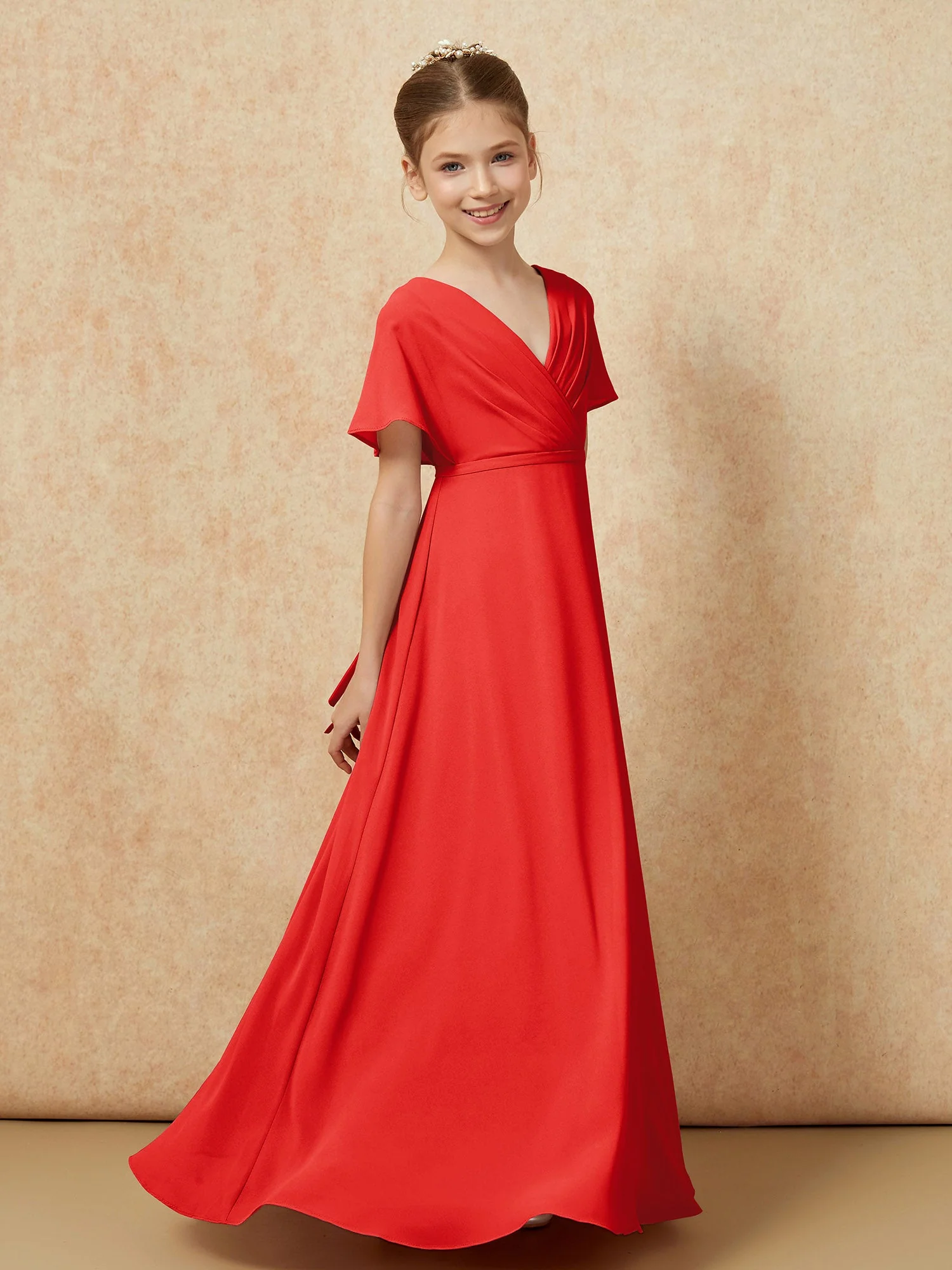 Flatterärmel A-Linie Chiffon Junge Brautjungfernkleider Rot - Image 3