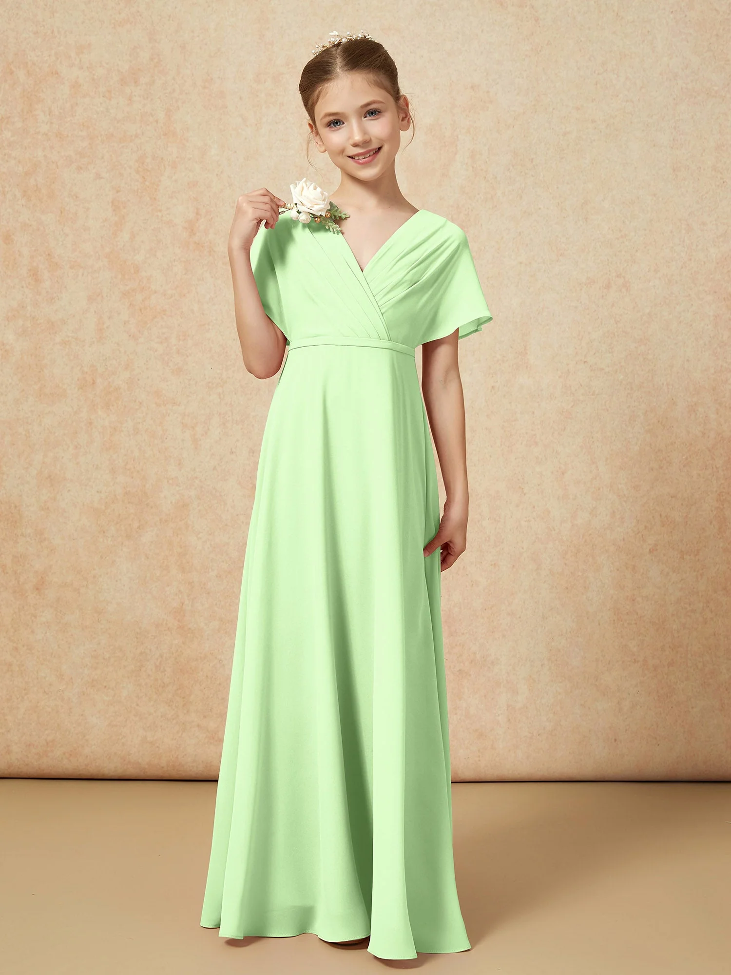 Flatterärmel A-Linie Chiffon Junge Brautjungfernkleider Salbei