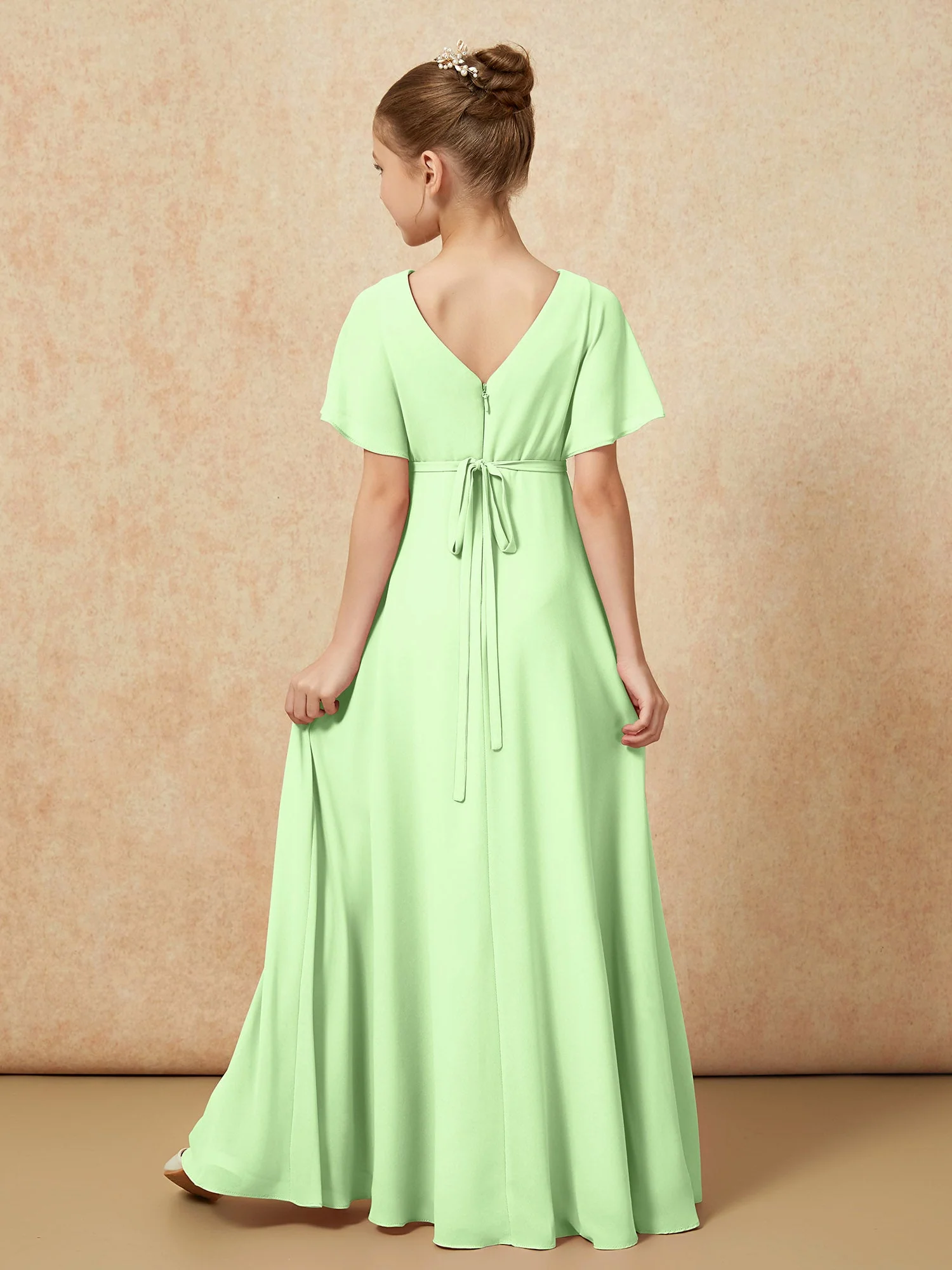 Flatterärmel A-Linie Chiffon Junge Brautjungfernkleider Salbei - Image 2