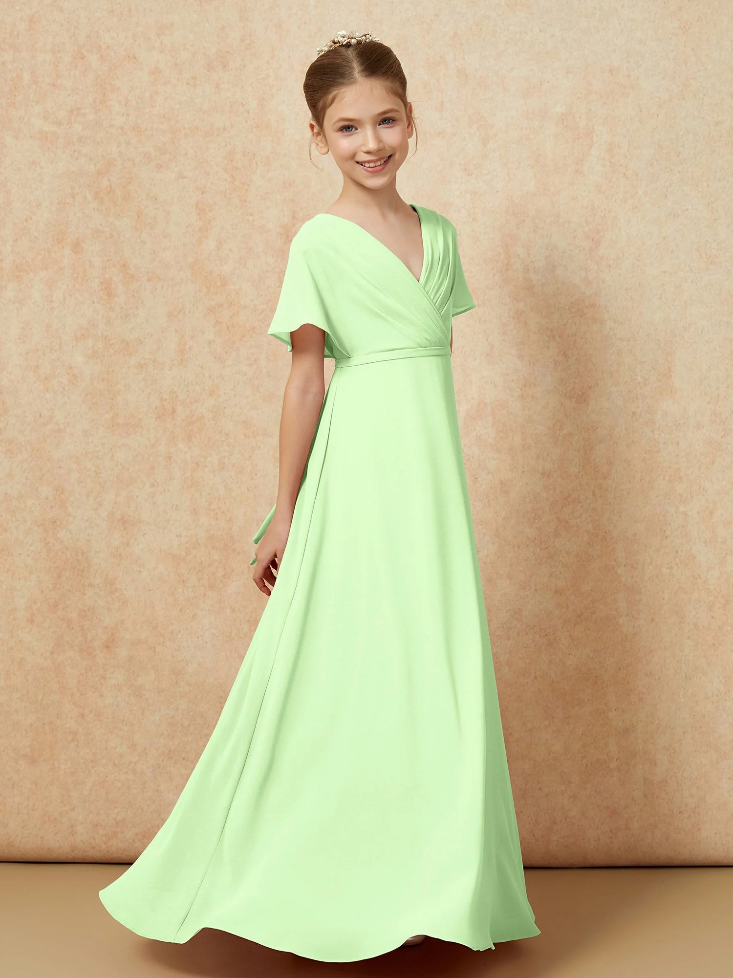 Flatterärmel A-Linie Chiffon Junge Brautjungfernkleider Salbei - Image 3