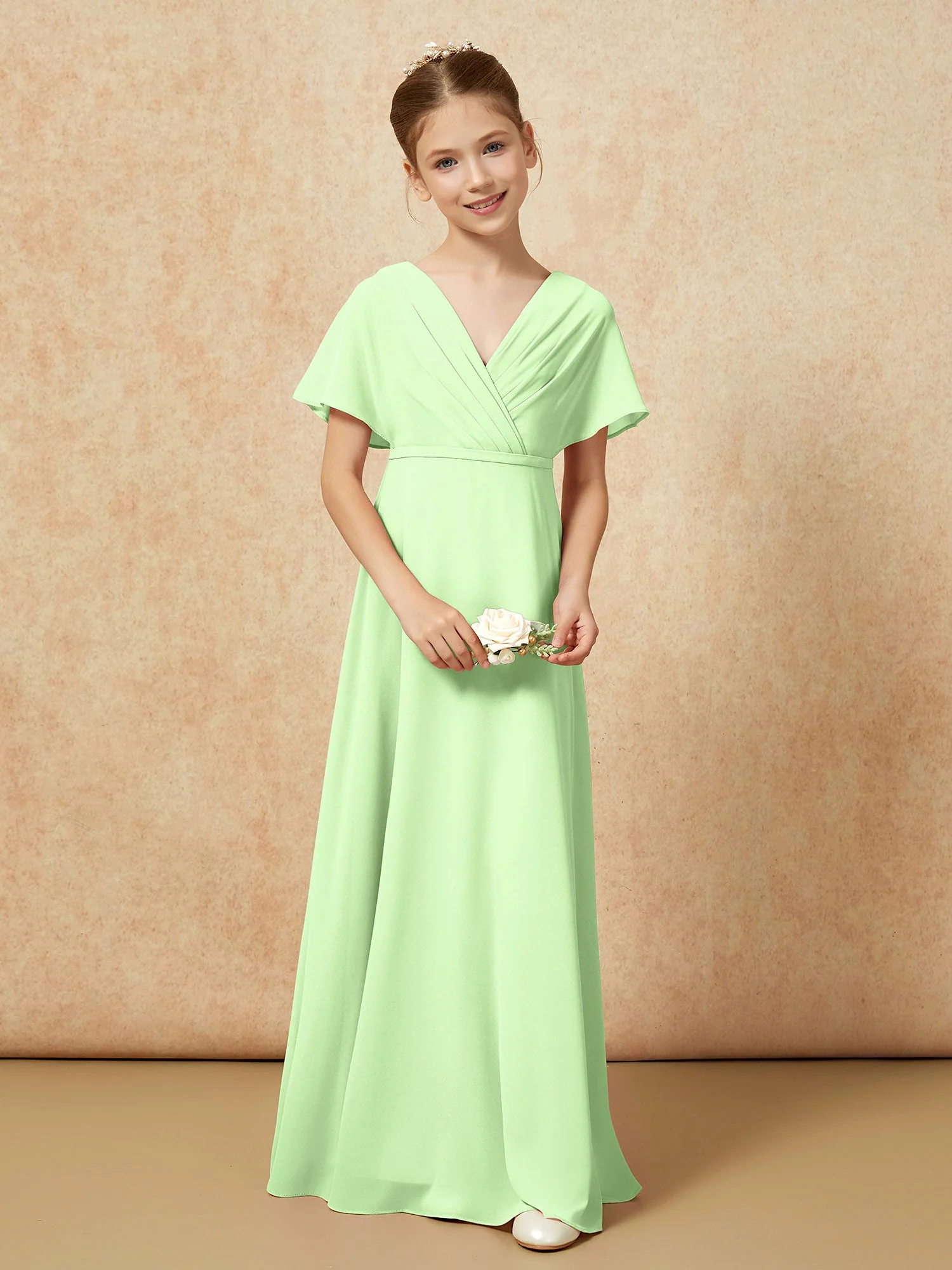 Flatterärmel A-Linie Chiffon Junge Brautjungfernkleider Salbei - Image 4