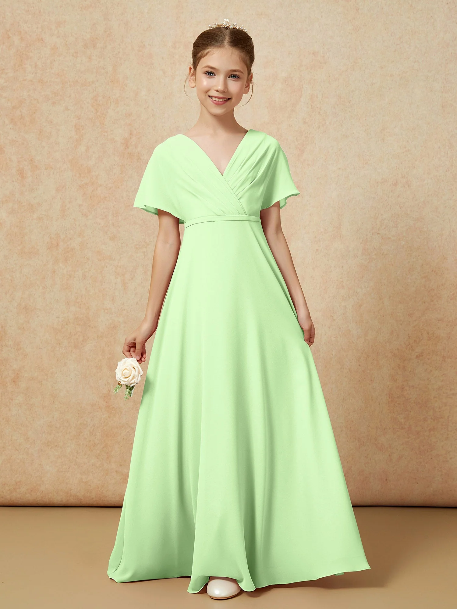 Flatterärmel A-Linie Chiffon Junge Brautjungfernkleider Salbei - Image 5
