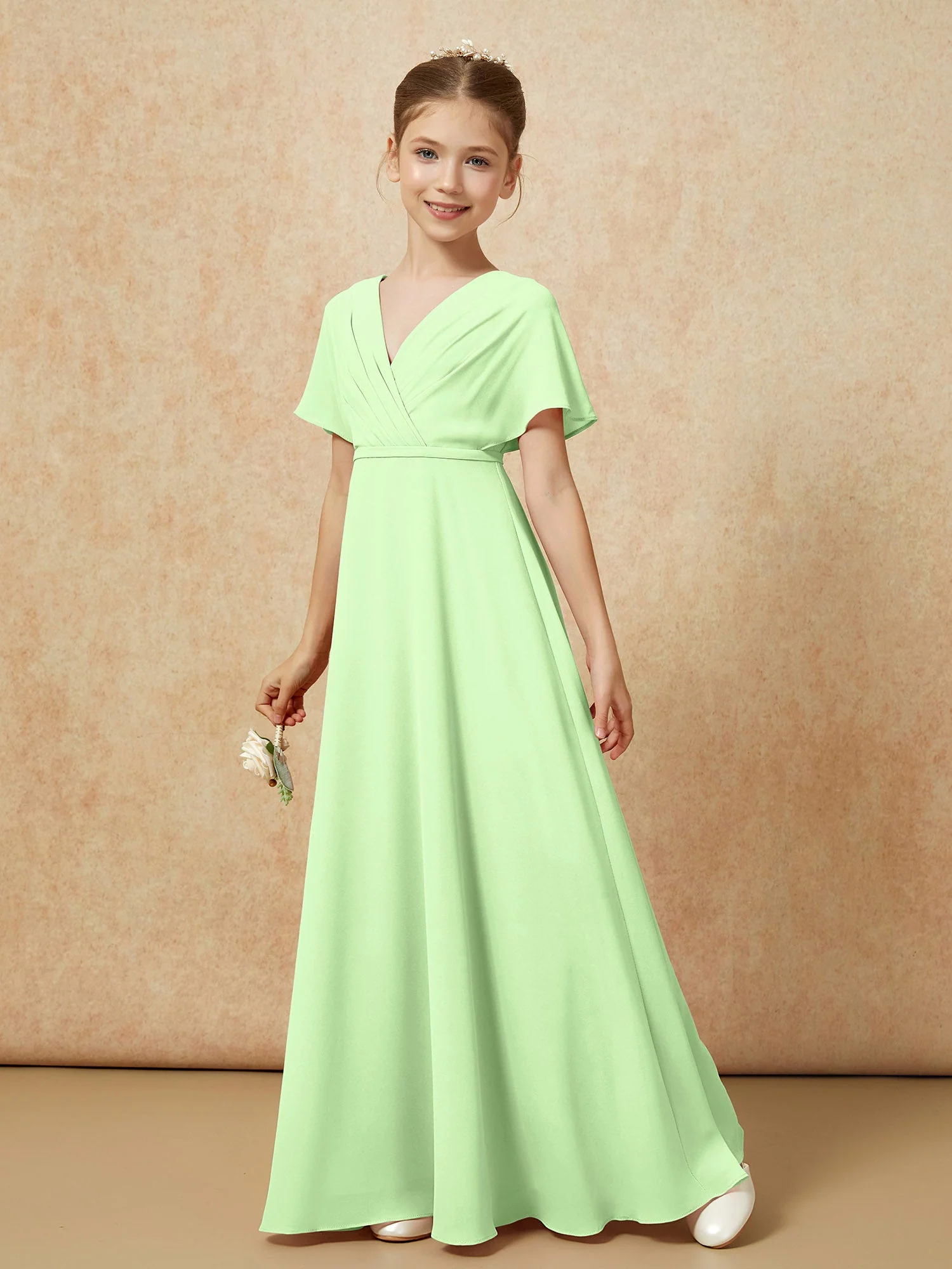 Flatterärmel A-Linie Chiffon Junge Brautjungfernkleider Salbei - Image 6