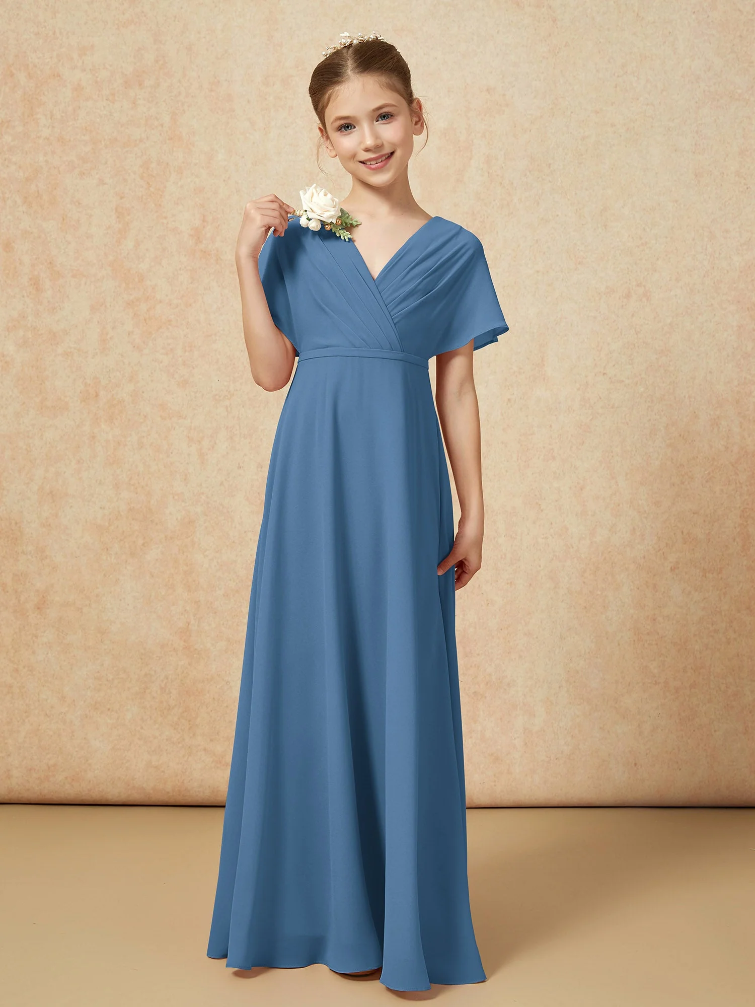 FlatterÀrmel A-Linie Chiffon Junge Brautjungfernkleider Schiefer Blau
