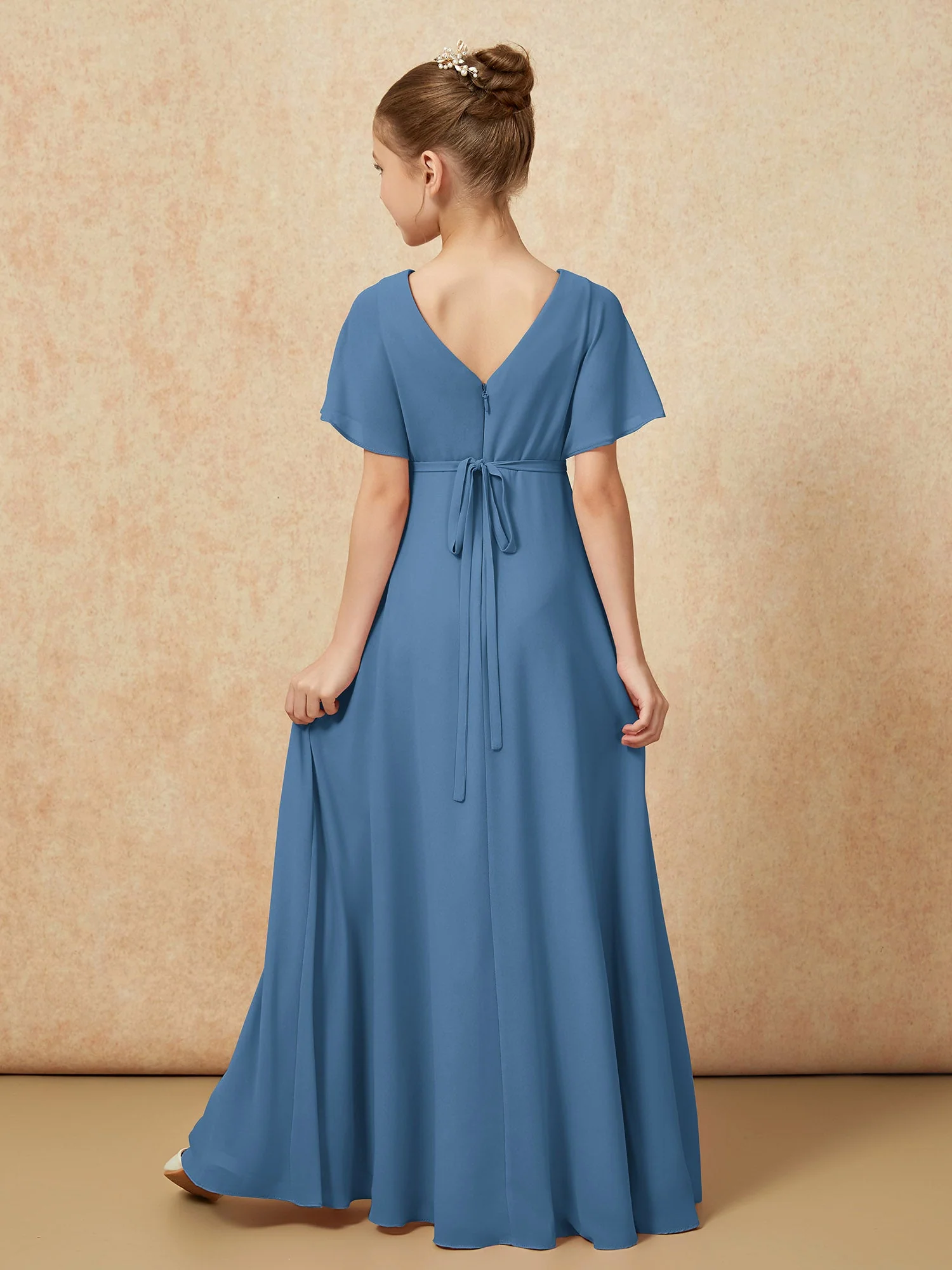 FlatterÀrmel A-Linie Chiffon Junge Brautjungfernkleider Schiefer Blau - Image 2