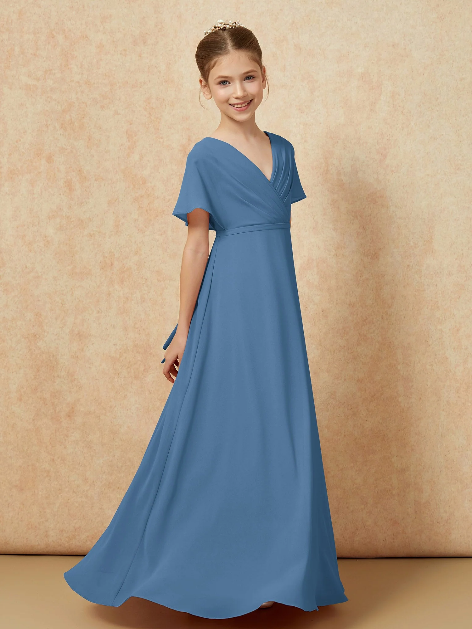 FlatterÀrmel A-Linie Chiffon Junge Brautjungfernkleider Schiefer Blau - Image 3