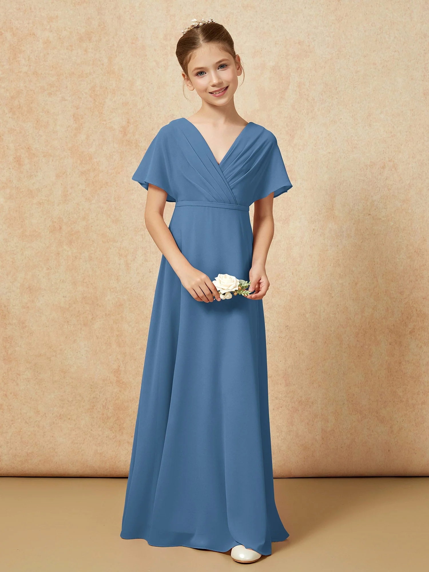 FlatterÀrmel A-Linie Chiffon Junge Brautjungfernkleider Schiefer Blau - Image 4
