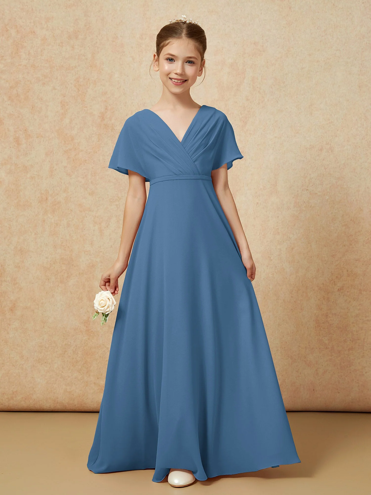 FlatterÀrmel A-Linie Chiffon Junge Brautjungfernkleider Schiefer Blau - Image 5