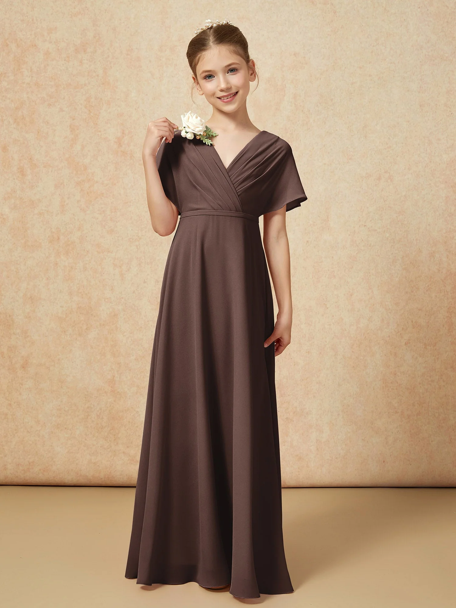Flatterärmel A-Linie Chiffon Junge Brautjungfernkleider Schokolade