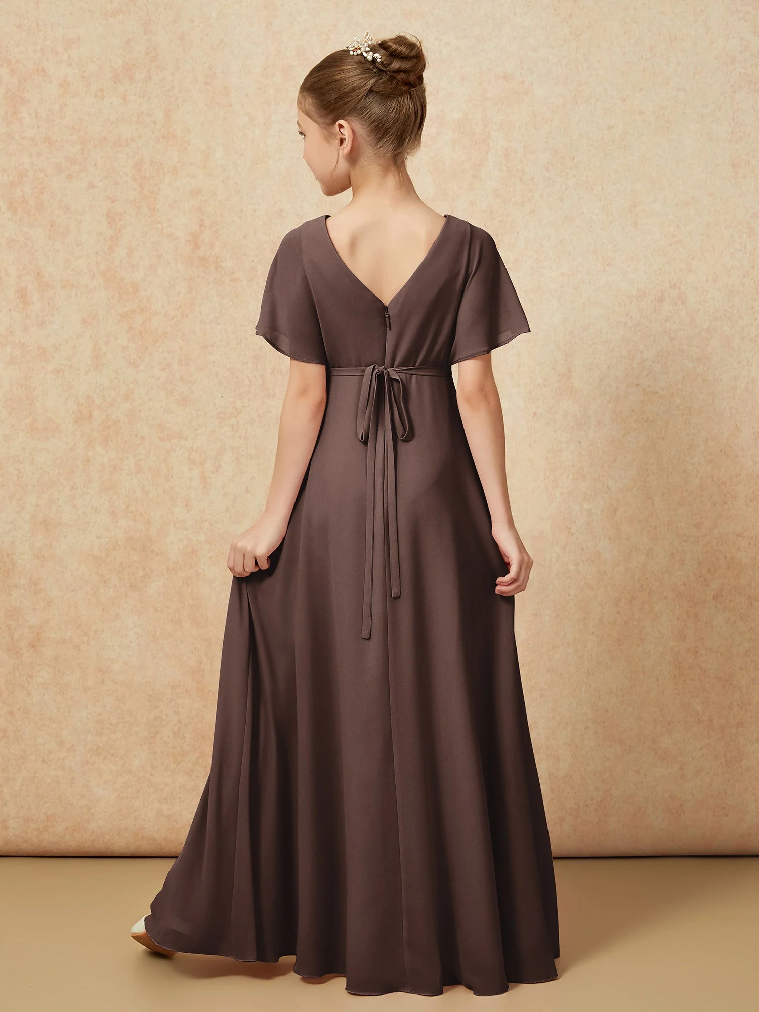 Flatterärmel A-Linie Chiffon Junge Brautjungfernkleider Schokolade - Image 2