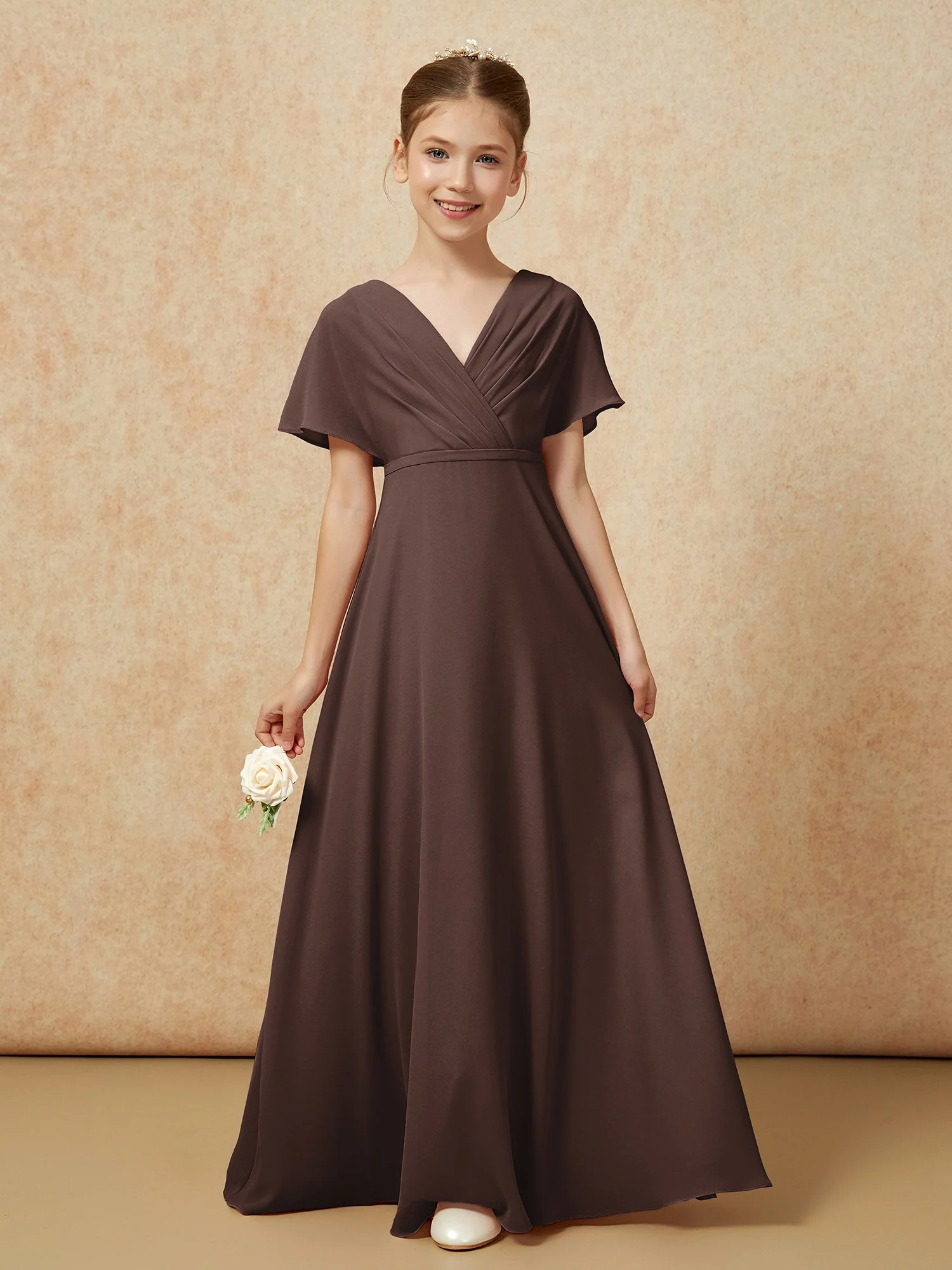 Flatterärmel A-Linie Chiffon Junge Brautjungfernkleider Schokolade - Image 5
