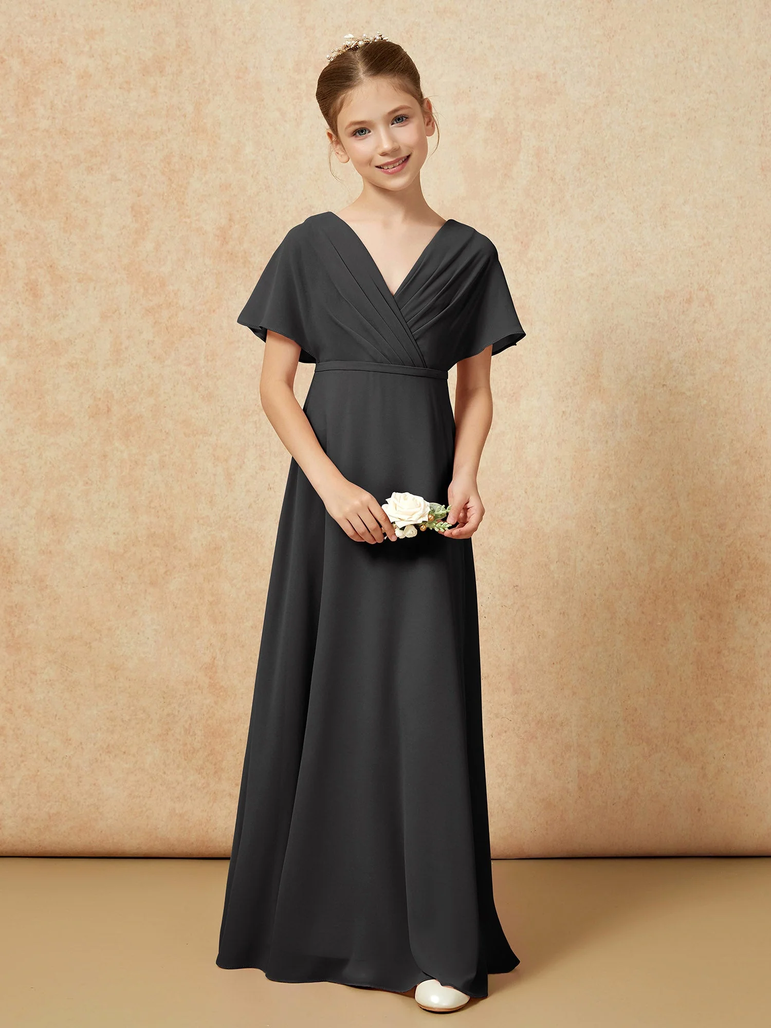 FlatterÀrmel A-Linie Chiffon Junge Brautjungfernkleider Schwarz - Image 4