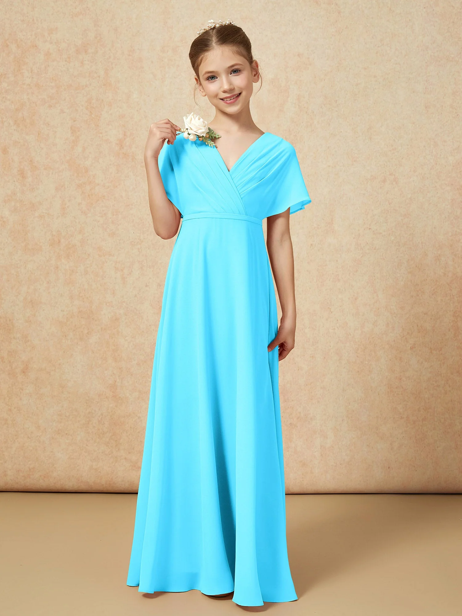 Flatterärmel A-Linie Chiffon Junge Brautjungfernkleider Schwimmbadblau
