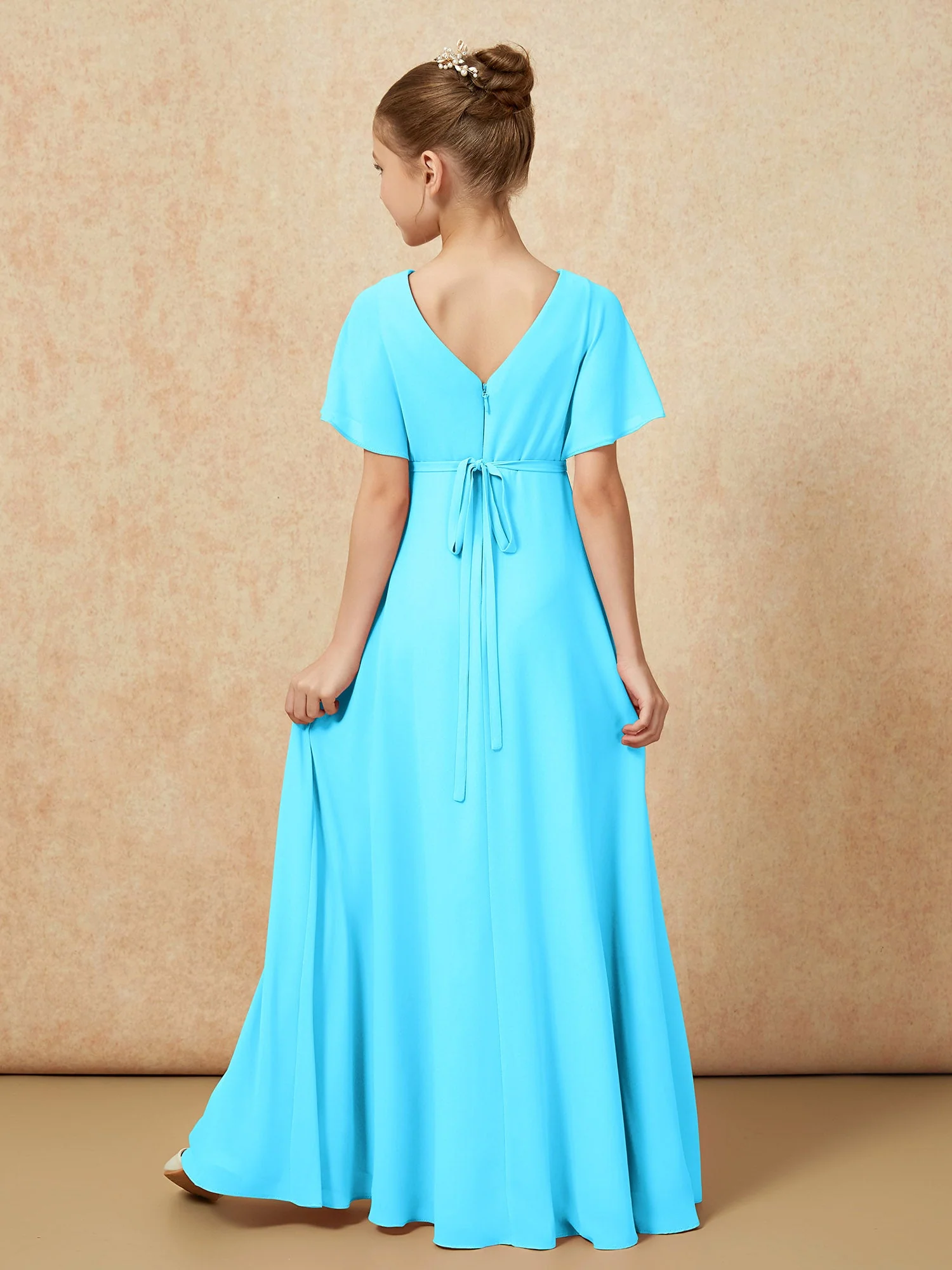 Flatterärmel A-Linie Chiffon Junge Brautjungfernkleider Schwimmbadblau - Image 2