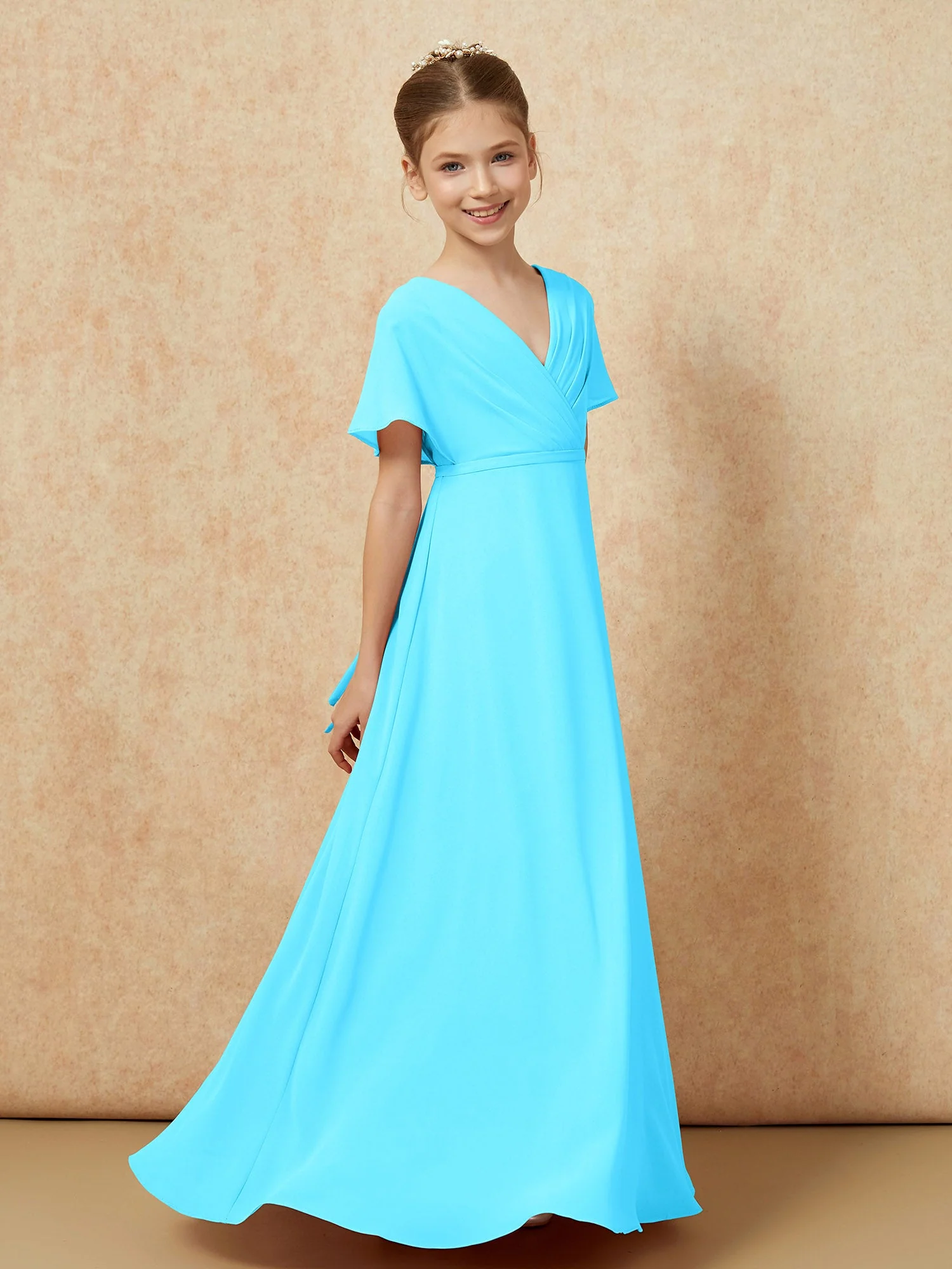 Flatterärmel A-Linie Chiffon Junge Brautjungfernkleider Schwimmbadblau - Image 3