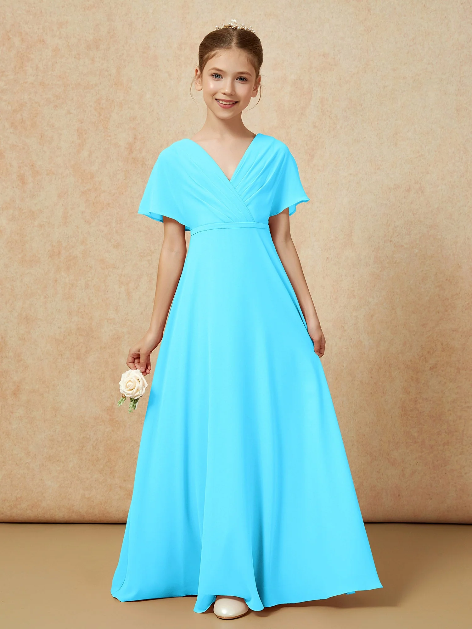 Flatterärmel A-Linie Chiffon Junge Brautjungfernkleider Schwimmbadblau - Image 5