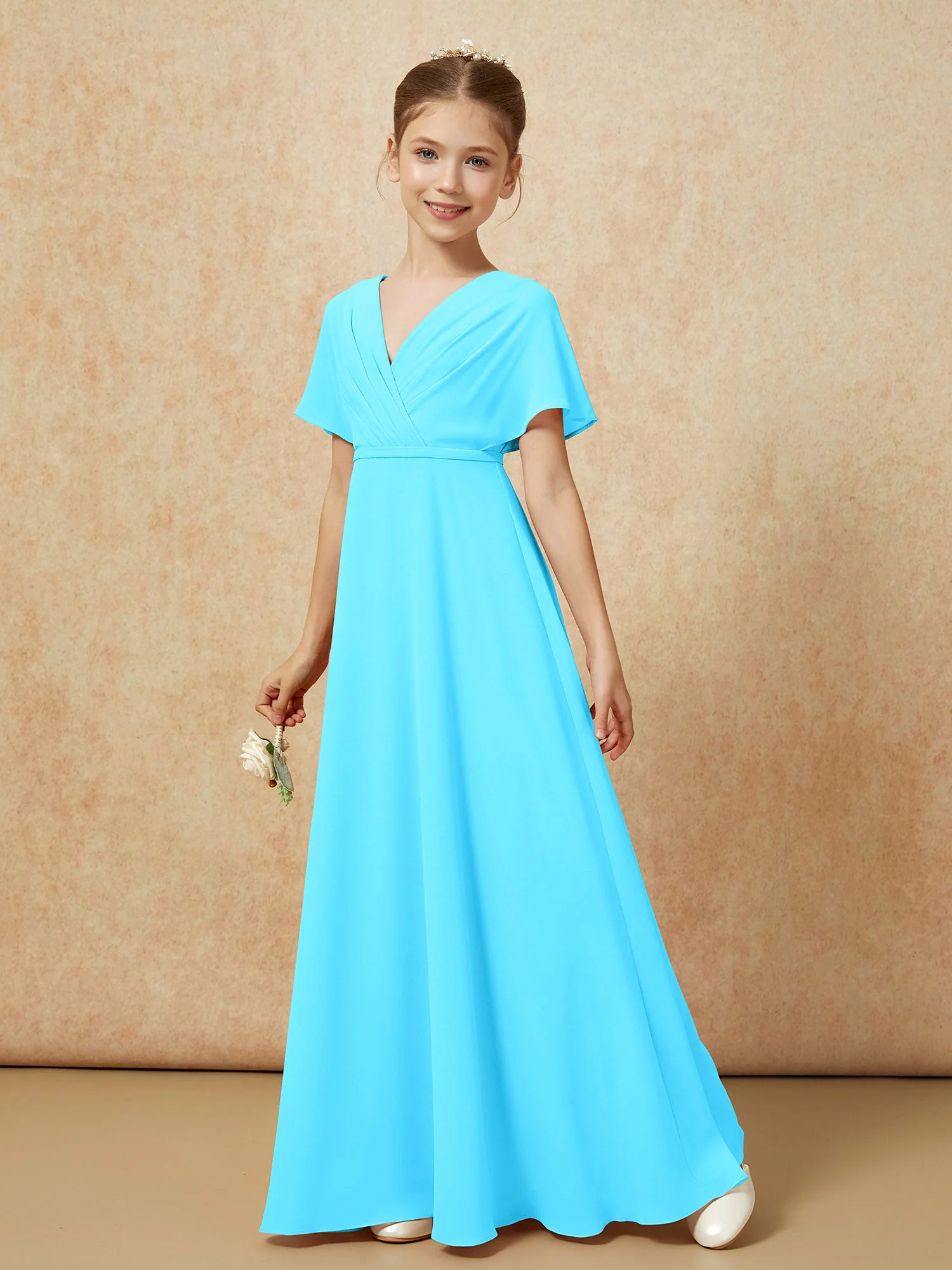 Flatterärmel A-Linie Chiffon Junge Brautjungfernkleider Schwimmbadblau - Image 6