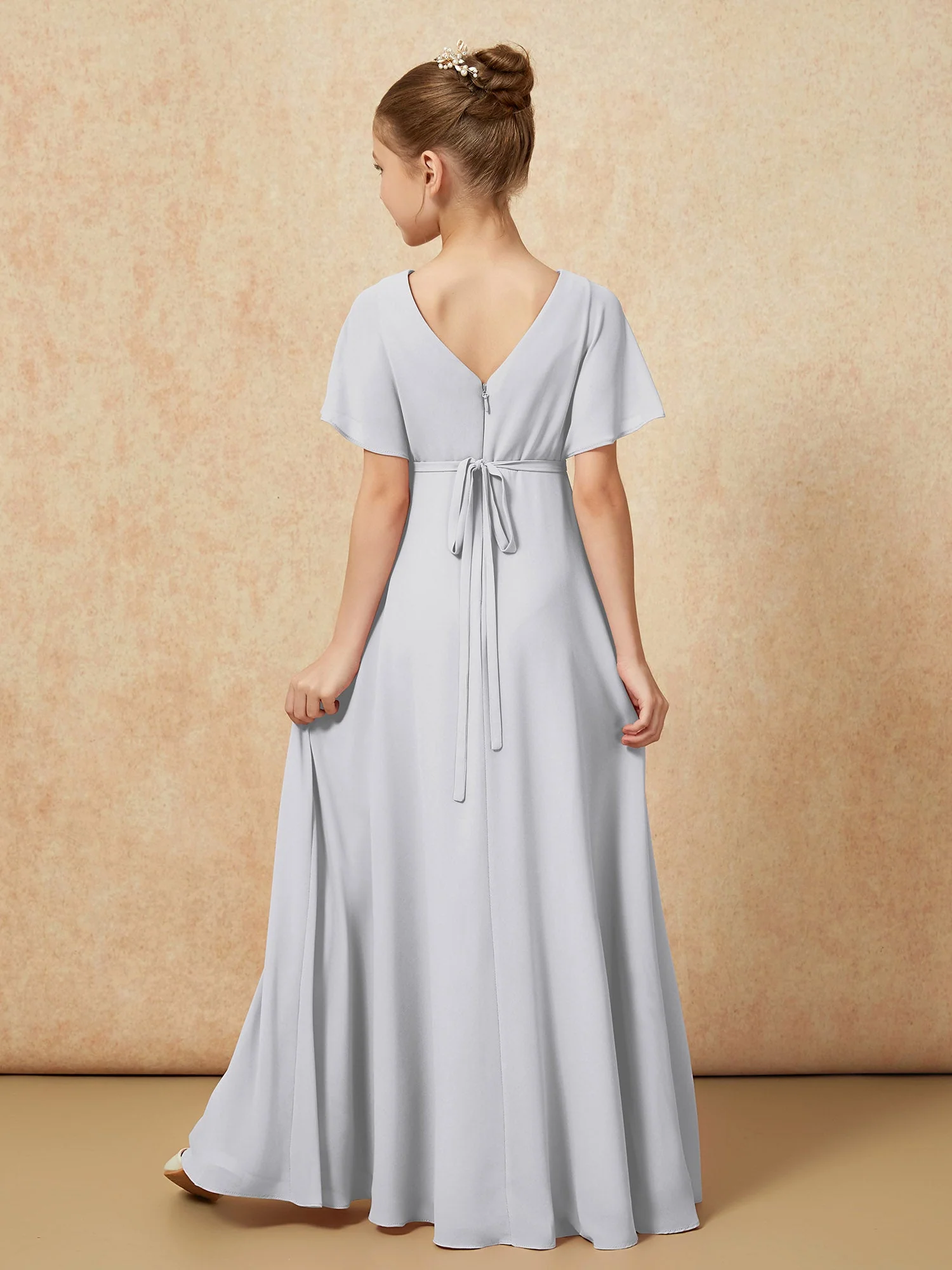 Flatterärmel A-Linie Chiffon Junge Brautjungfernkleider Silber - Image 2