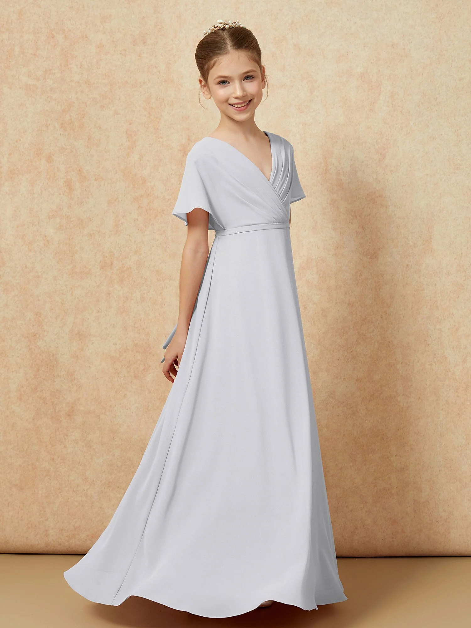 Flatterärmel A-Linie Chiffon Junge Brautjungfernkleider Silber - Image 3