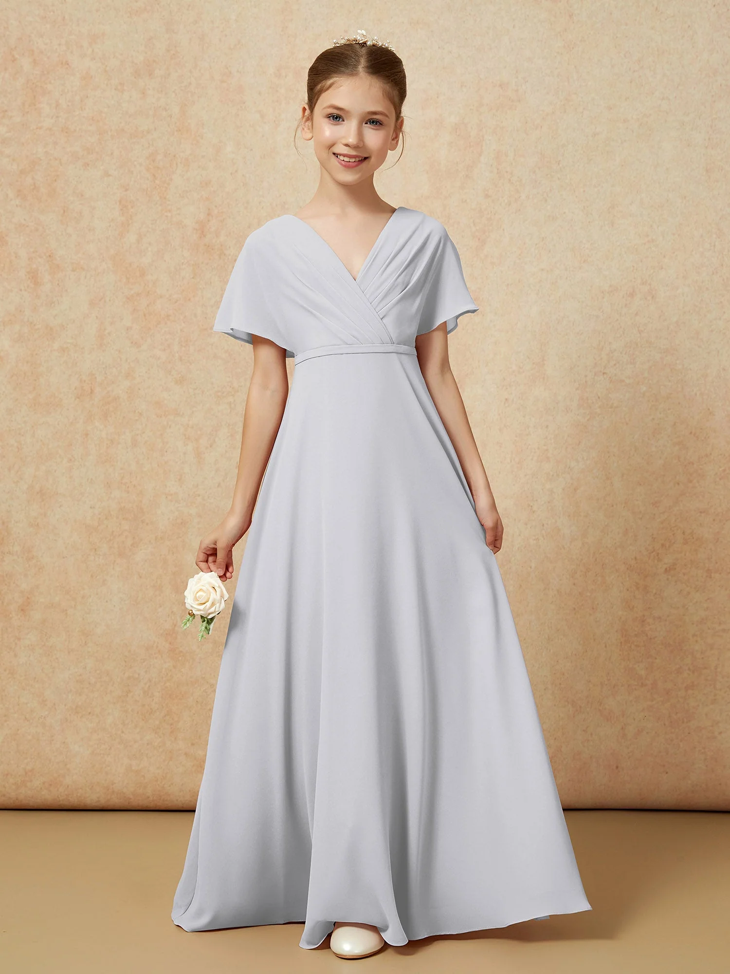 Flatterärmel A-Linie Chiffon Junge Brautjungfernkleider Silber - Image 5