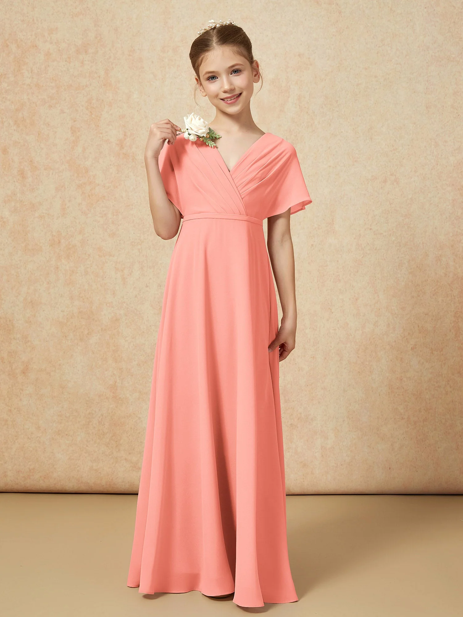 Flatterärmel A-Linie Chiffon Junge Brautjungfernkleider Sonnenuntergang