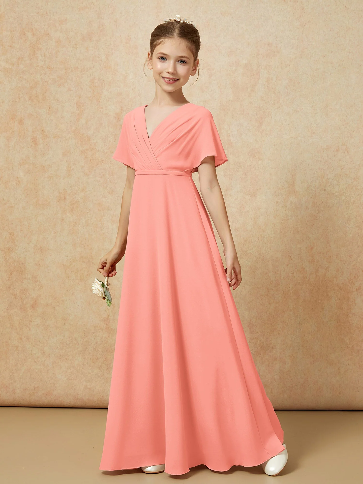 Flatterärmel A-Linie Chiffon Junge Brautjungfernkleider Sonnenuntergang - Image 6