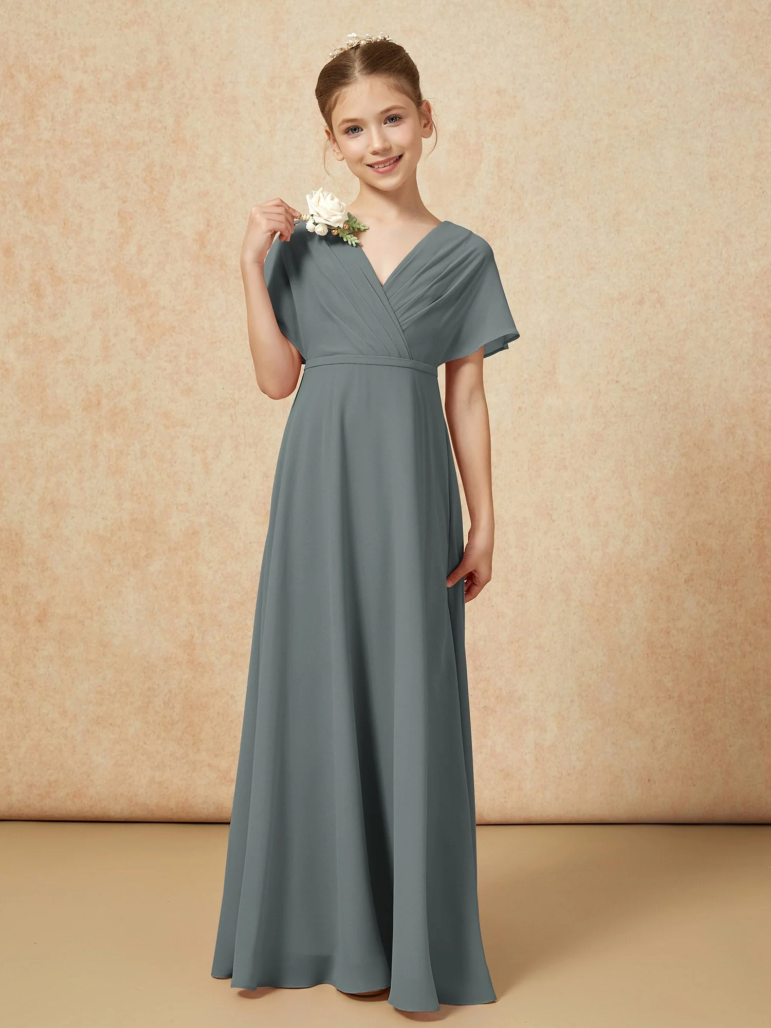 Flatterärmel A-Linie Chiffon Junge Brautjungfernkleider Stahlgrau