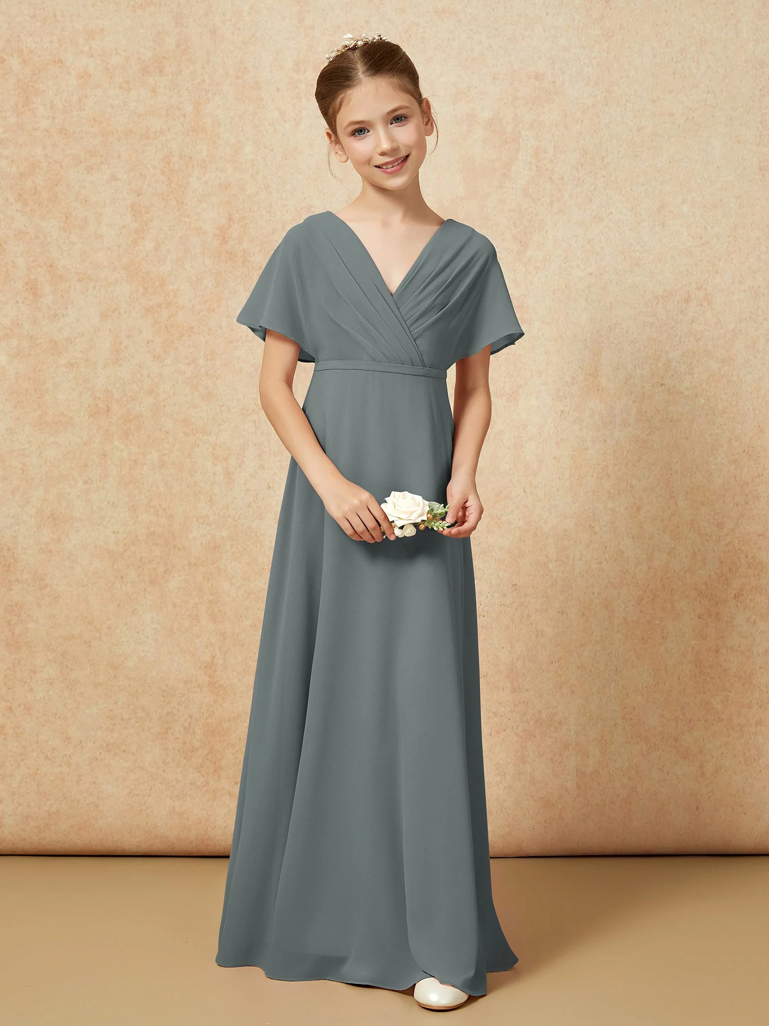 Flatterärmel A-Linie Chiffon Junge Brautjungfernkleider Stahlgrau - Image 4
