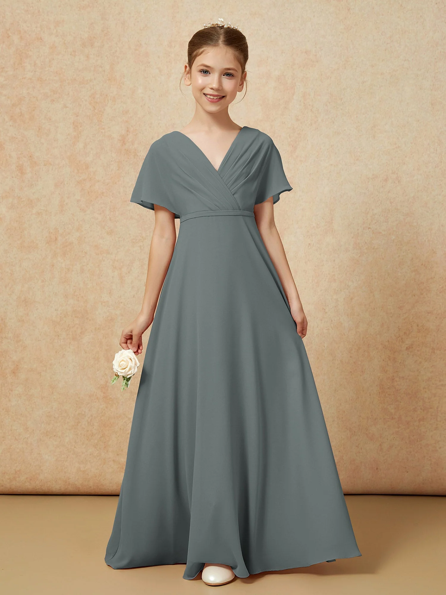 Flatterärmel A-Linie Chiffon Junge Brautjungfernkleider Stahlgrau - Image 5
