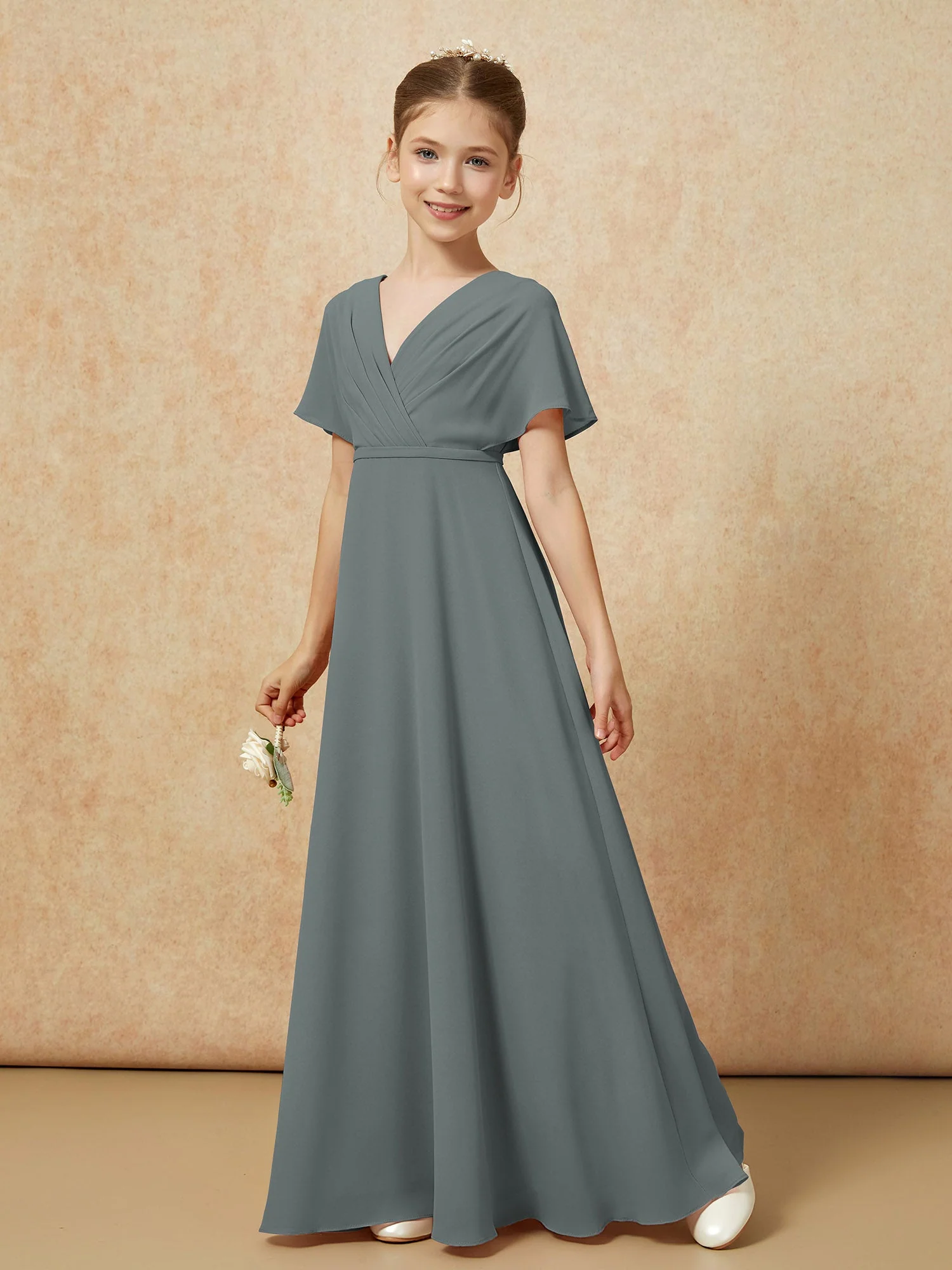 Flatterärmel A-Linie Chiffon Junge Brautjungfernkleider Stahlgrau - Image 6