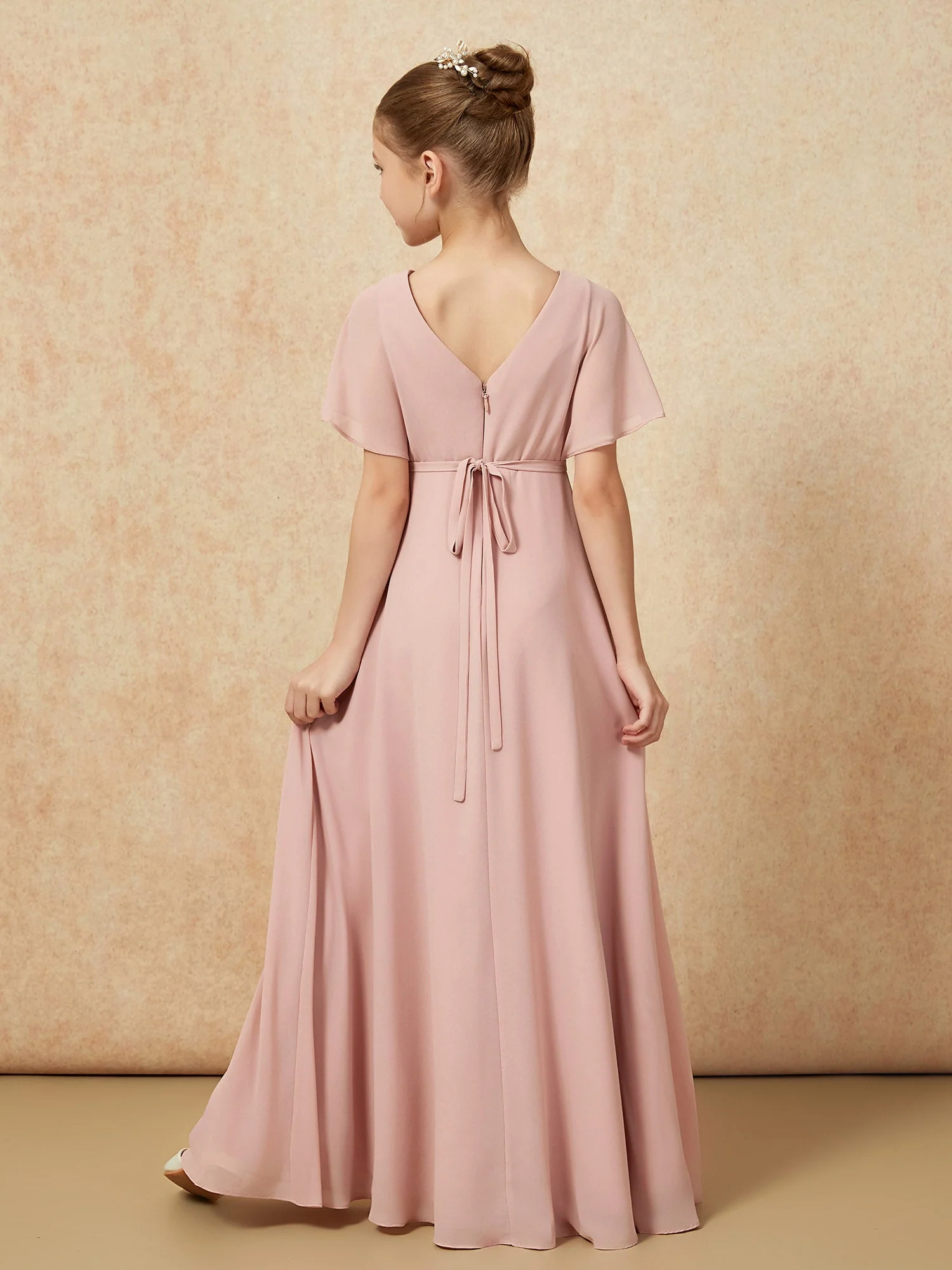 Flatterärmel A-Linie Chiffon Junge Brautjungfernkleider Staubige Rosa - Image 2