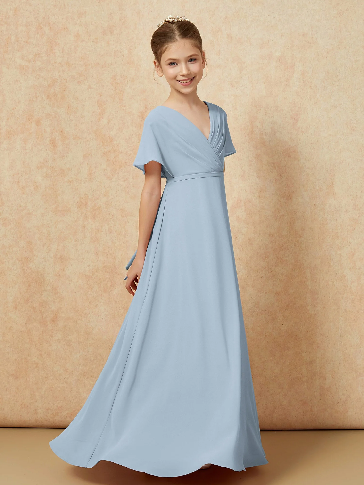 FlatterÀrmel A-Linie Chiffon Junge Brautjungfernkleider Staubiges Blau - Image 3