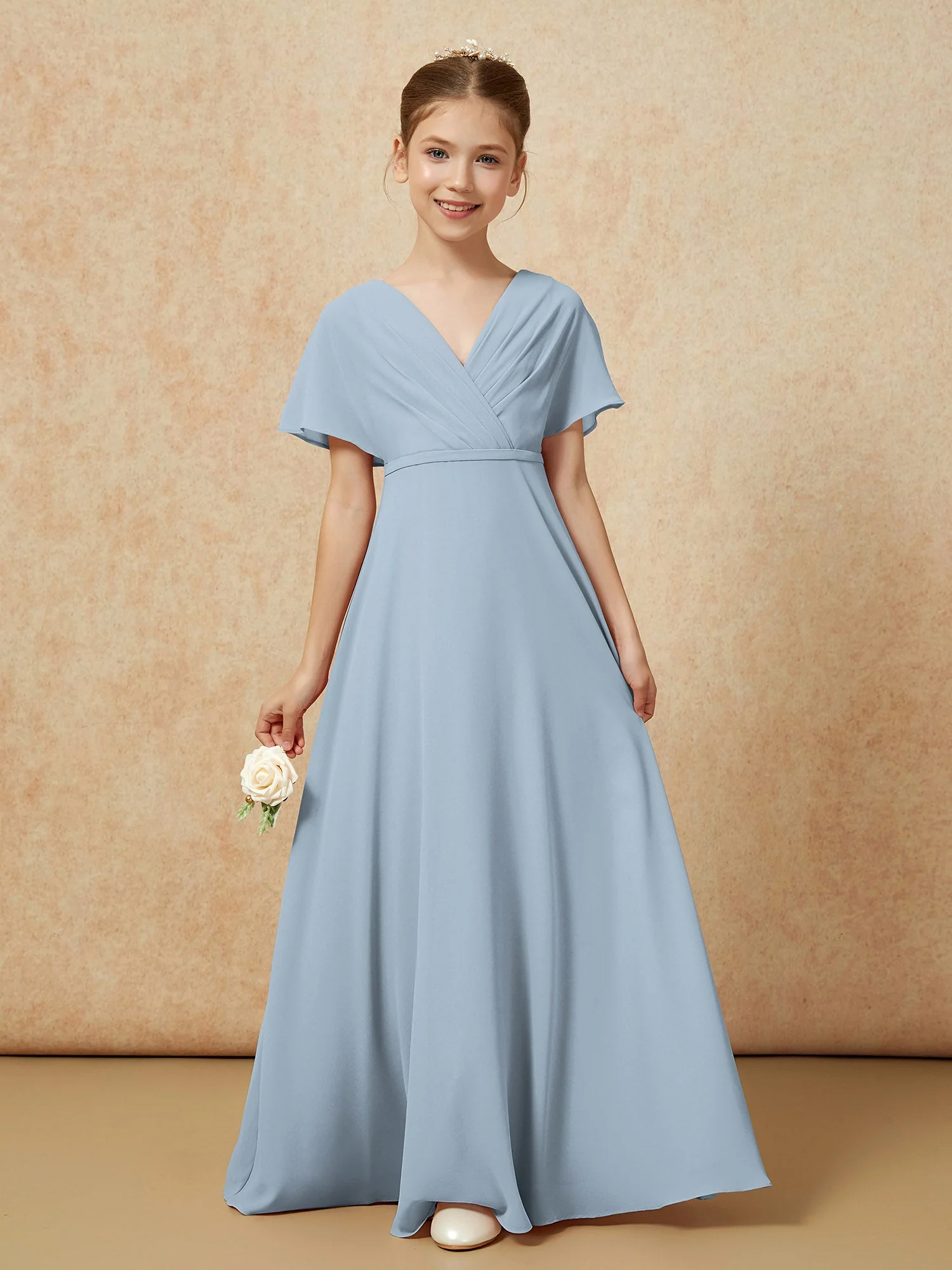 FlatterÀrmel A-Linie Chiffon Junge Brautjungfernkleider Staubiges Blau - Image 5