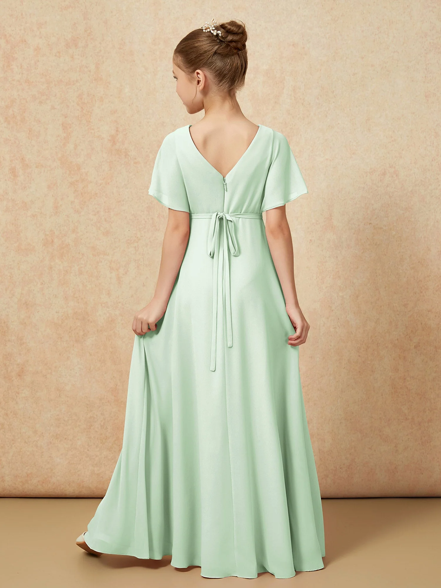 FlatterÀrmel A-Linie Chiffon Junge Brautjungfernkleider Staubiges Salbei - Image 2