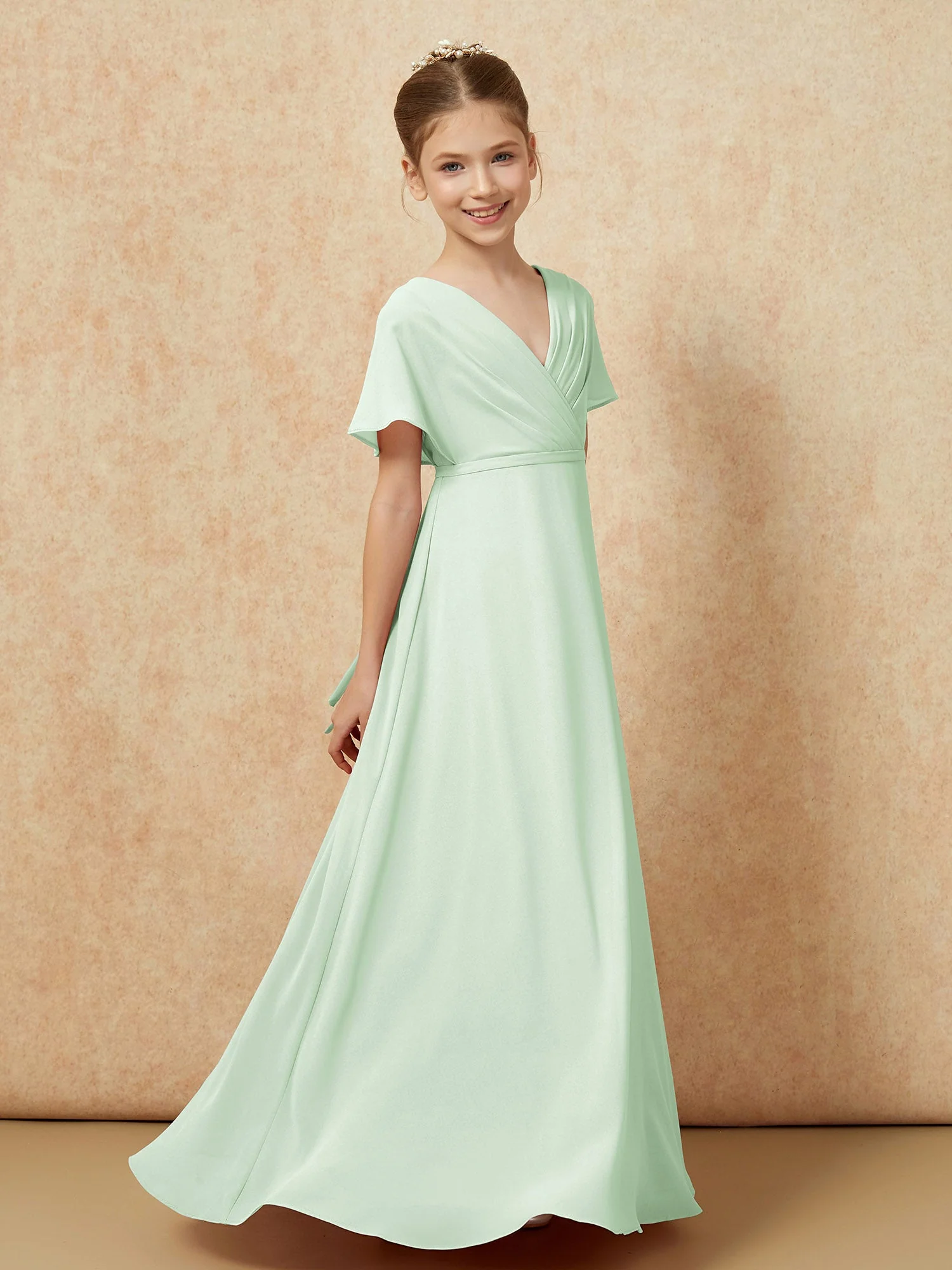 FlatterÀrmel A-Linie Chiffon Junge Brautjungfernkleider Staubiges Salbei - Image 3