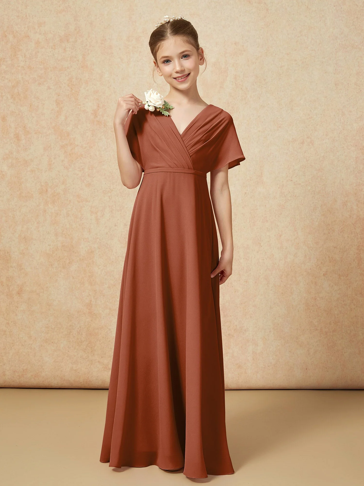 Flatterärmel A-Linie Chiffon Junge Brautjungfernkleider Terrakotta