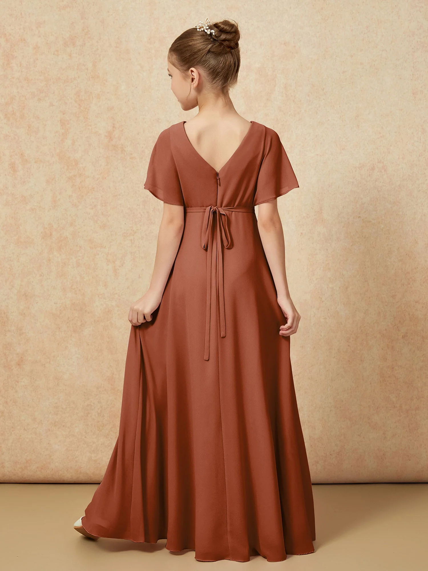 Flatterärmel A-Linie Chiffon Junge Brautjungfernkleider Terrakotta - Image 2