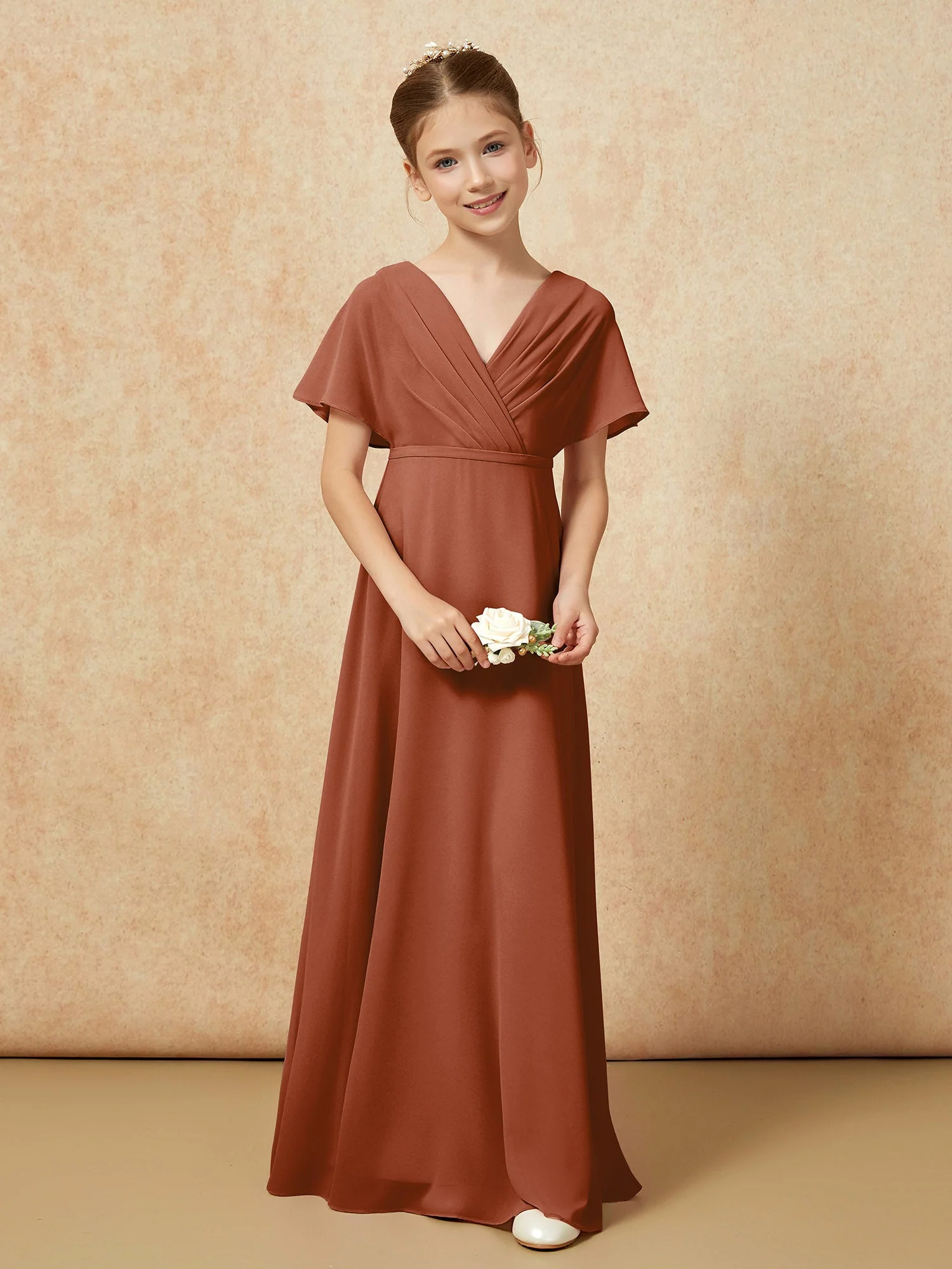 Flatterärmel A-Linie Chiffon Junge Brautjungfernkleider Terrakotta - Image 4