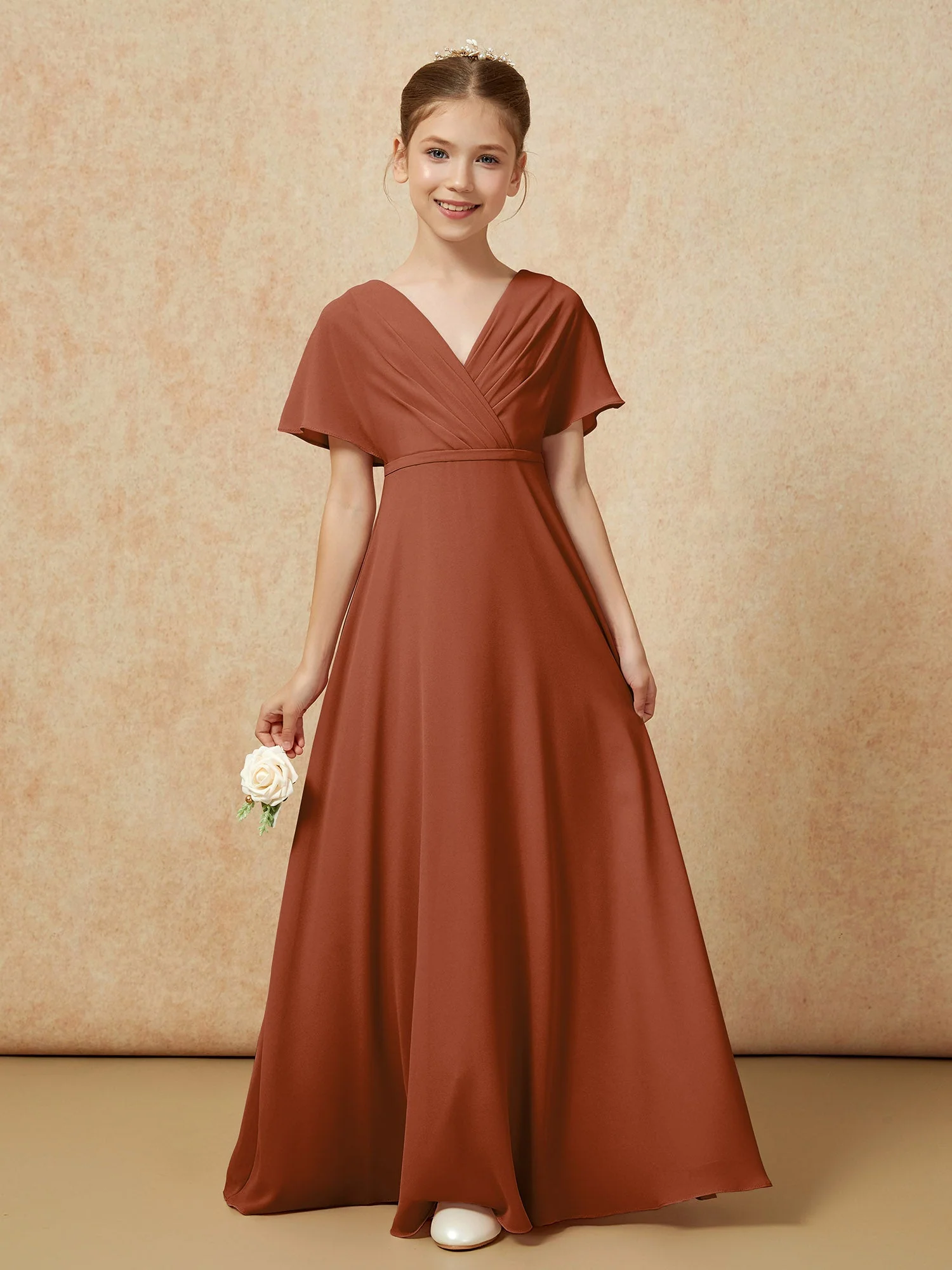 Flatterärmel A-Linie Chiffon Junge Brautjungfernkleider Terrakotta - Image 5