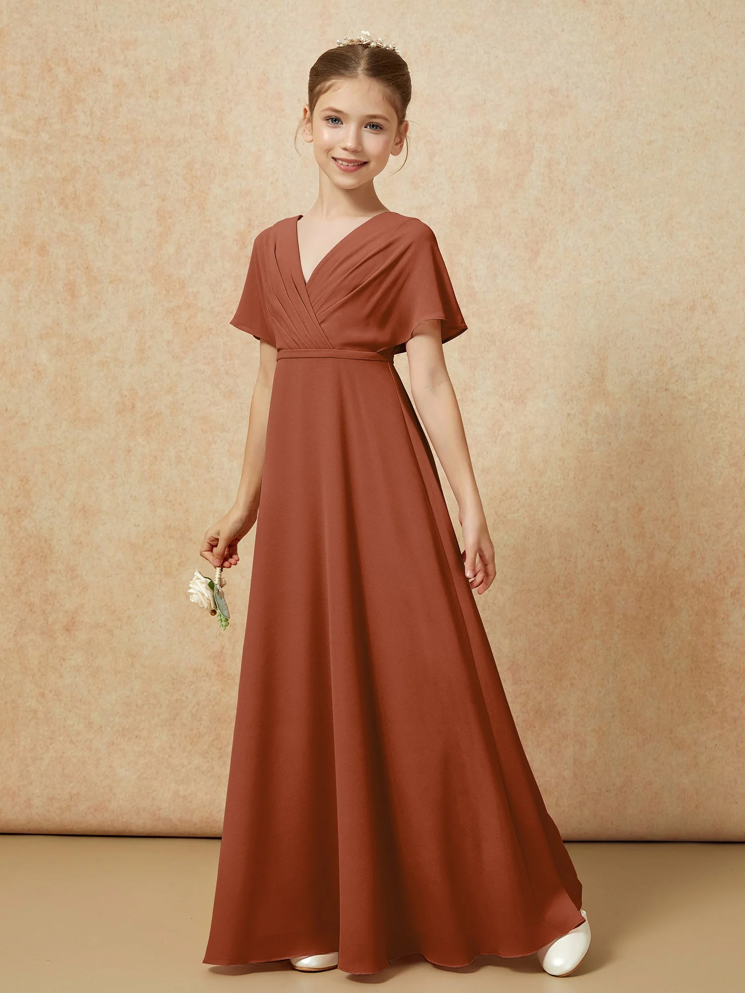 Flatterärmel A-Linie Chiffon Junge Brautjungfernkleider Terrakotta - Image 6