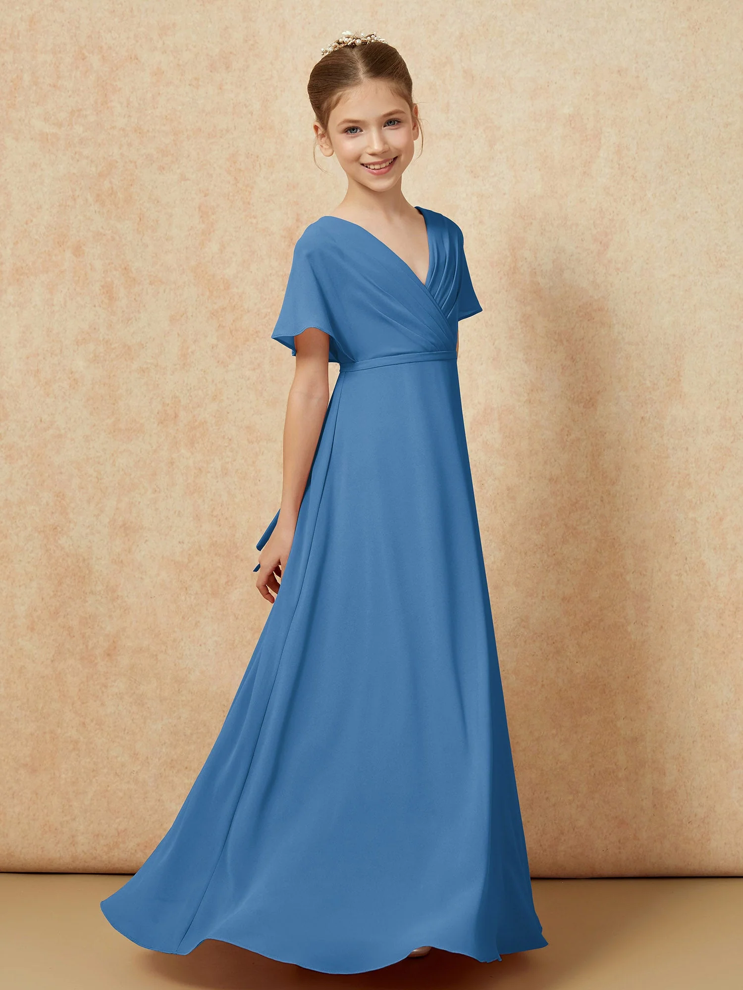 FlatterÀrmel A-Linie Chiffon Junge Brautjungfernkleider Tinte Blau - Image 3