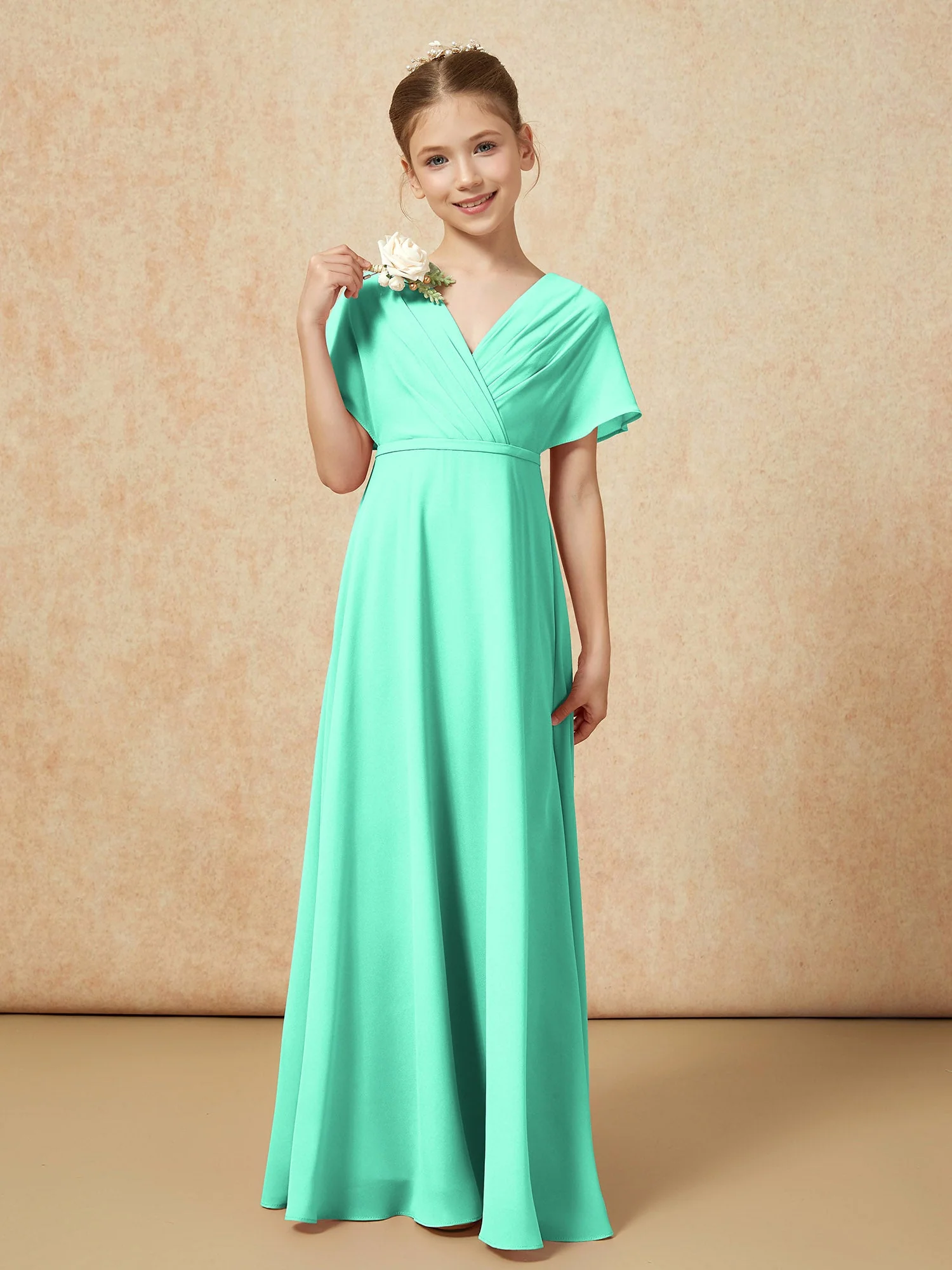 Flatterärmel A-Linie Chiffon Junge Brautjungfernkleider Türkis