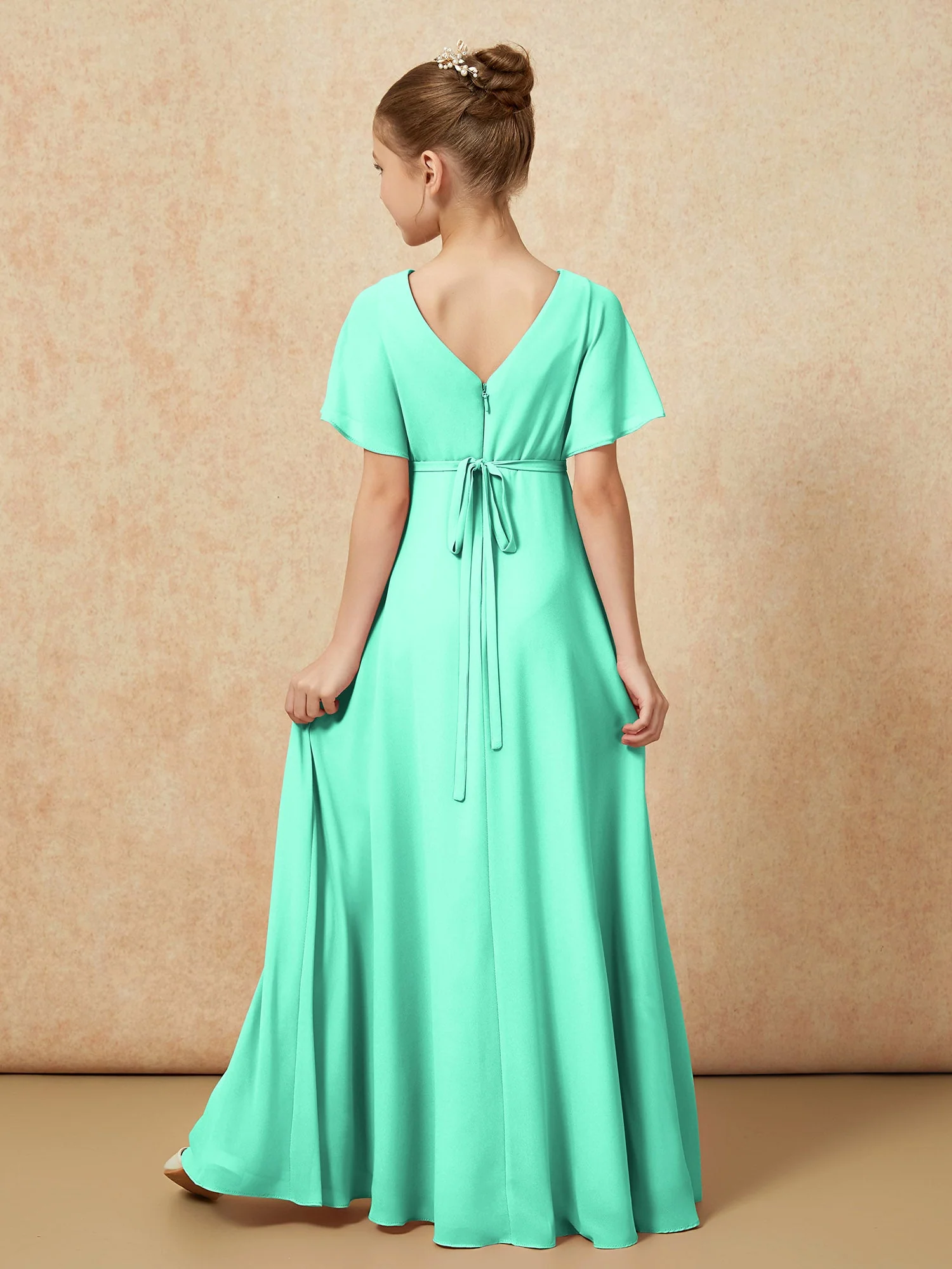 Flatterärmel A-Linie Chiffon Junge Brautjungfernkleider Türkis - Image 2