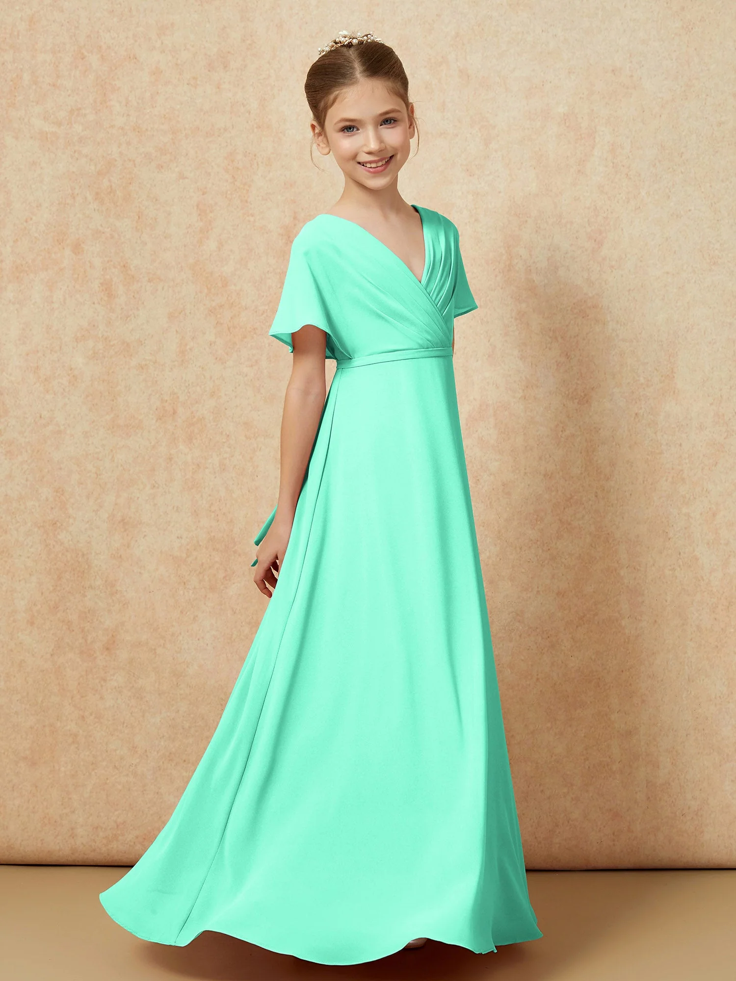 Flatterärmel A-Linie Chiffon Junge Brautjungfernkleider Türkis - Image 3