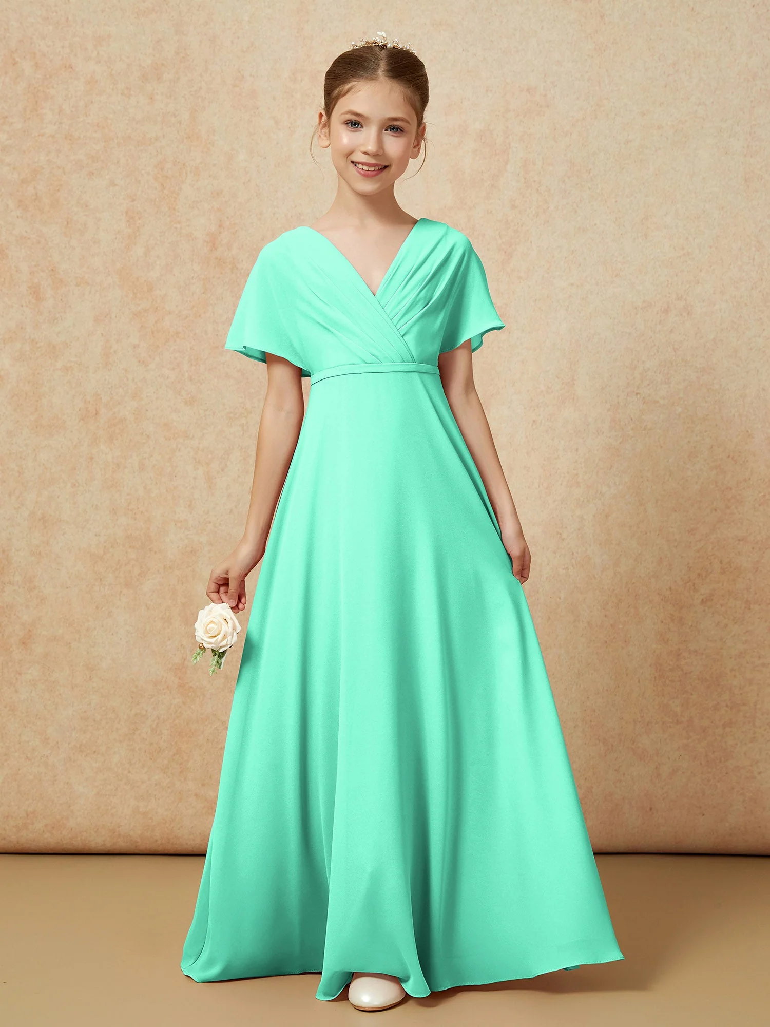 Flatterärmel A-Linie Chiffon Junge Brautjungfernkleider Türkis - Image 5