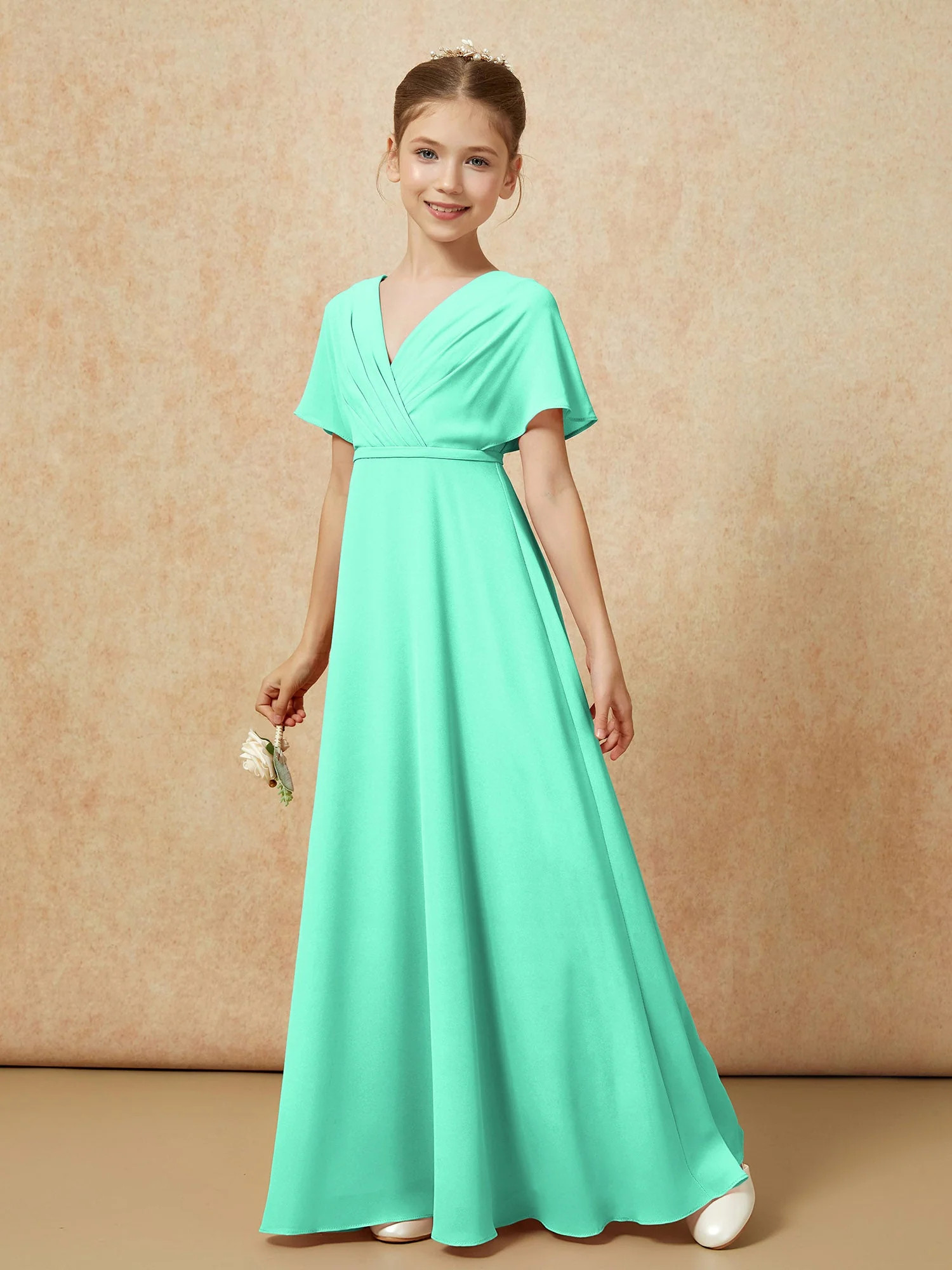 Flatterärmel A-Linie Chiffon Junge Brautjungfernkleider Türkis - Image 6