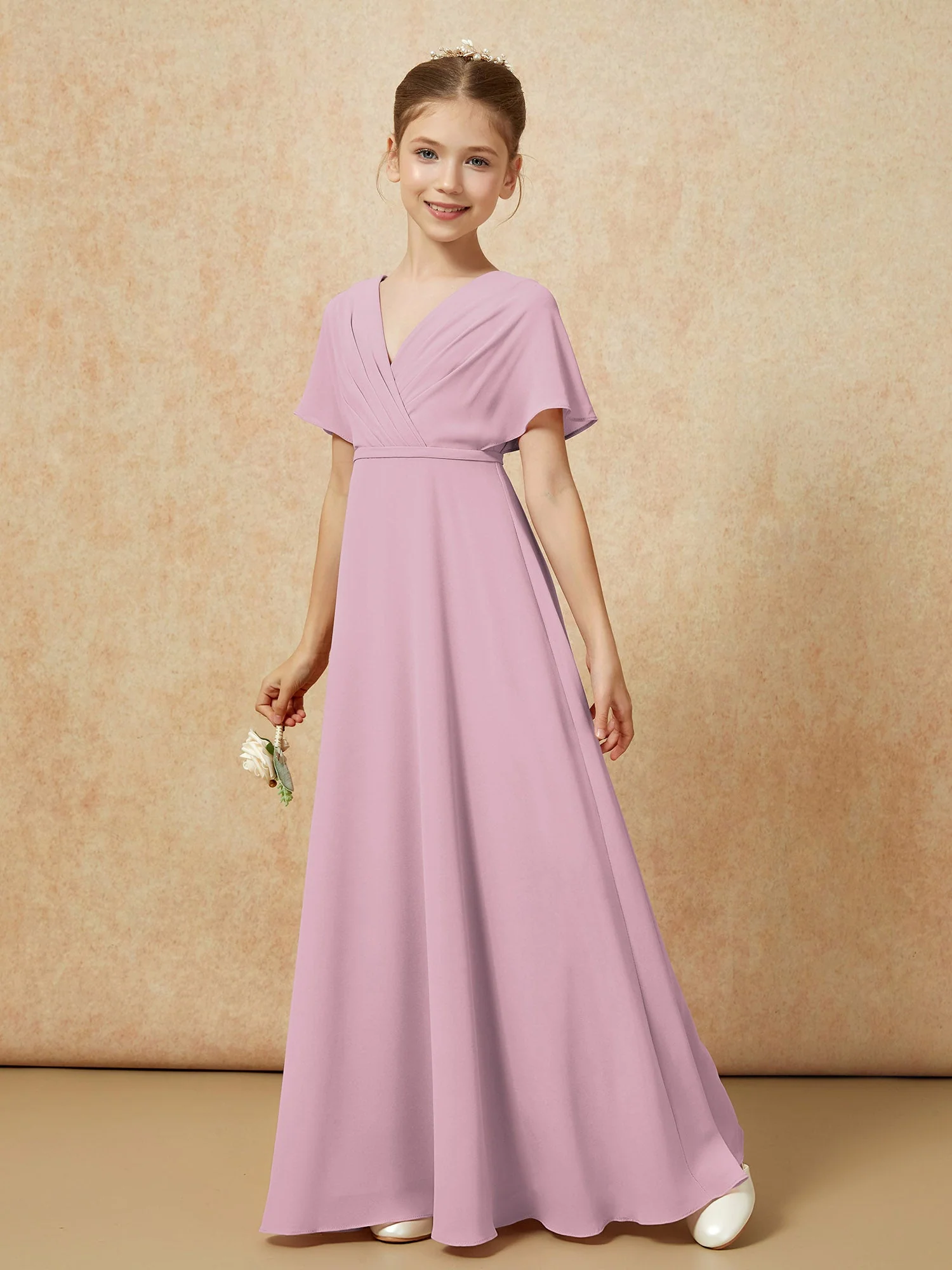 FlatterÀrmel A-Linie Chiffon Junge Brautjungfernkleider Vintage Mauve - Image 6