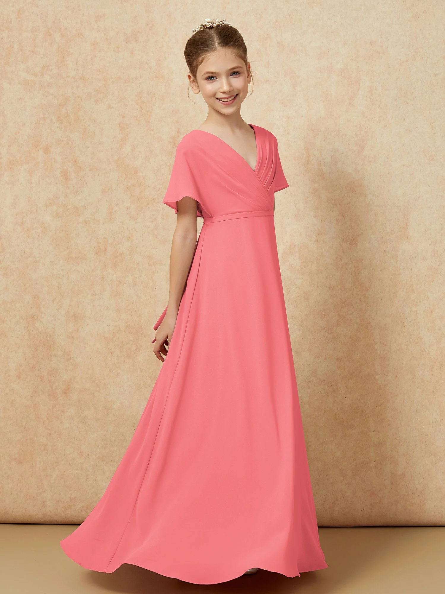 FlatterÀrmel A-Linie Chiffon Junge Brautjungfernkleider Wassermelone - Image 3