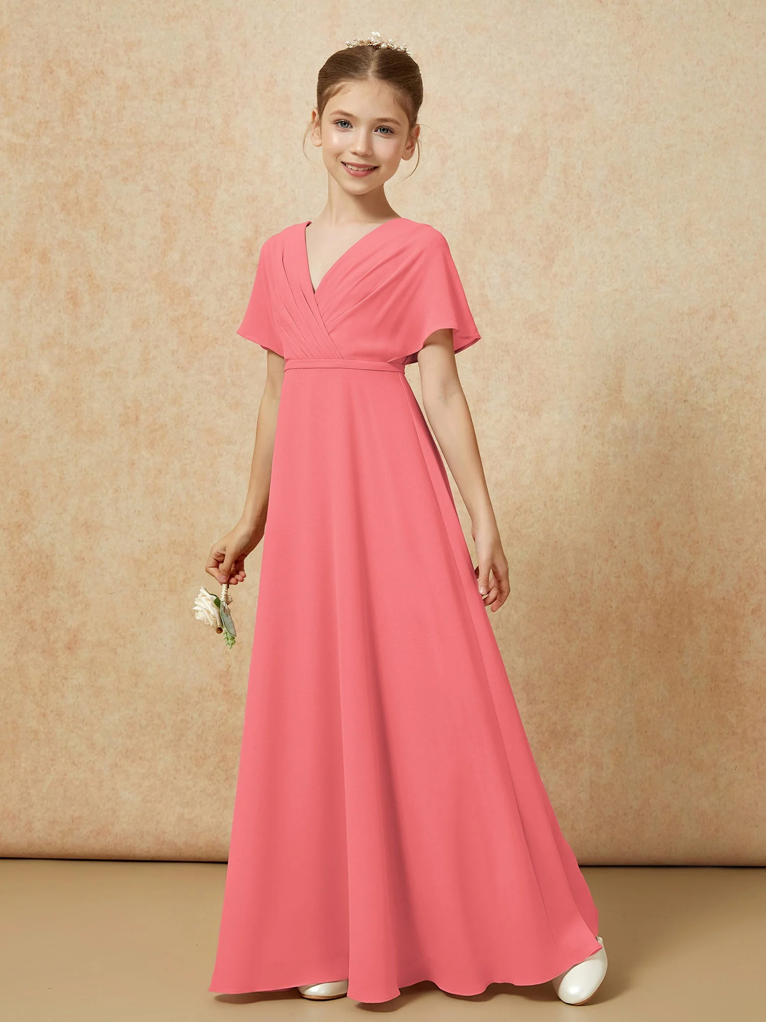 FlatterÀrmel A-Linie Chiffon Junge Brautjungfernkleider Wassermelone - Image 6