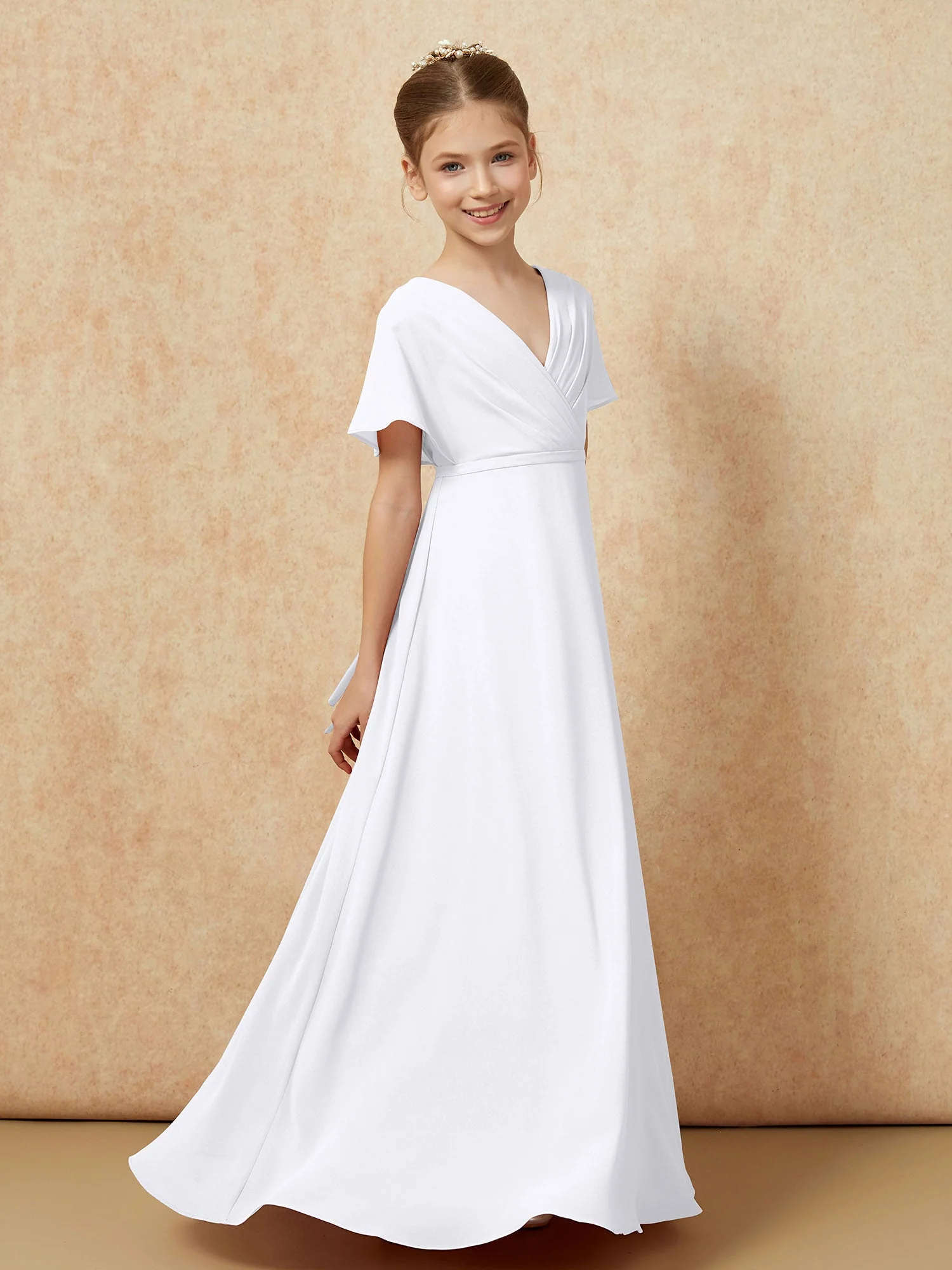 Flatterärmel A-Linie Chiffon Junge Brautjungfernkleider Weiß - Image 3